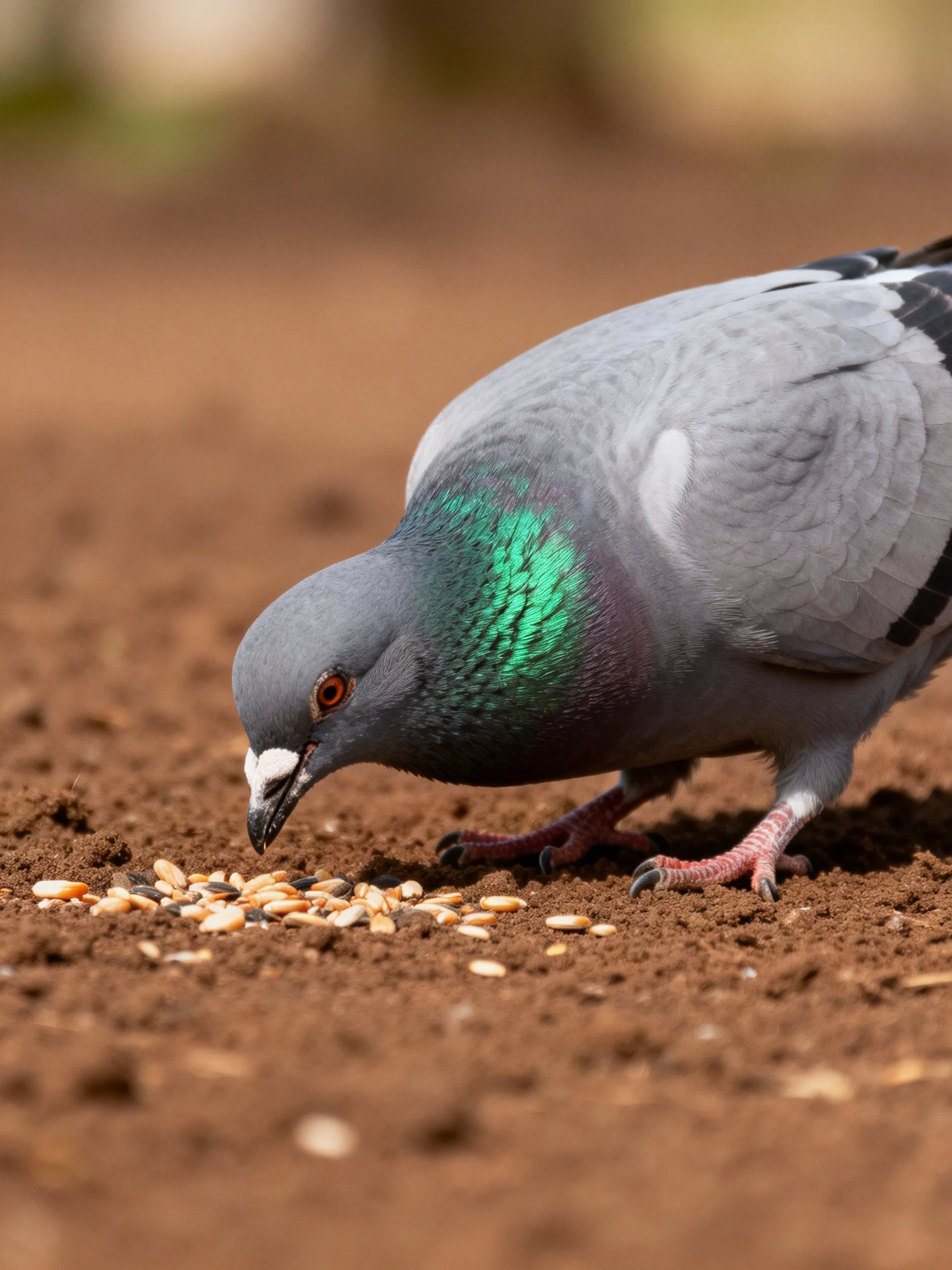 A gray pigeon with iridescent green neck pecking seeds on brown earth