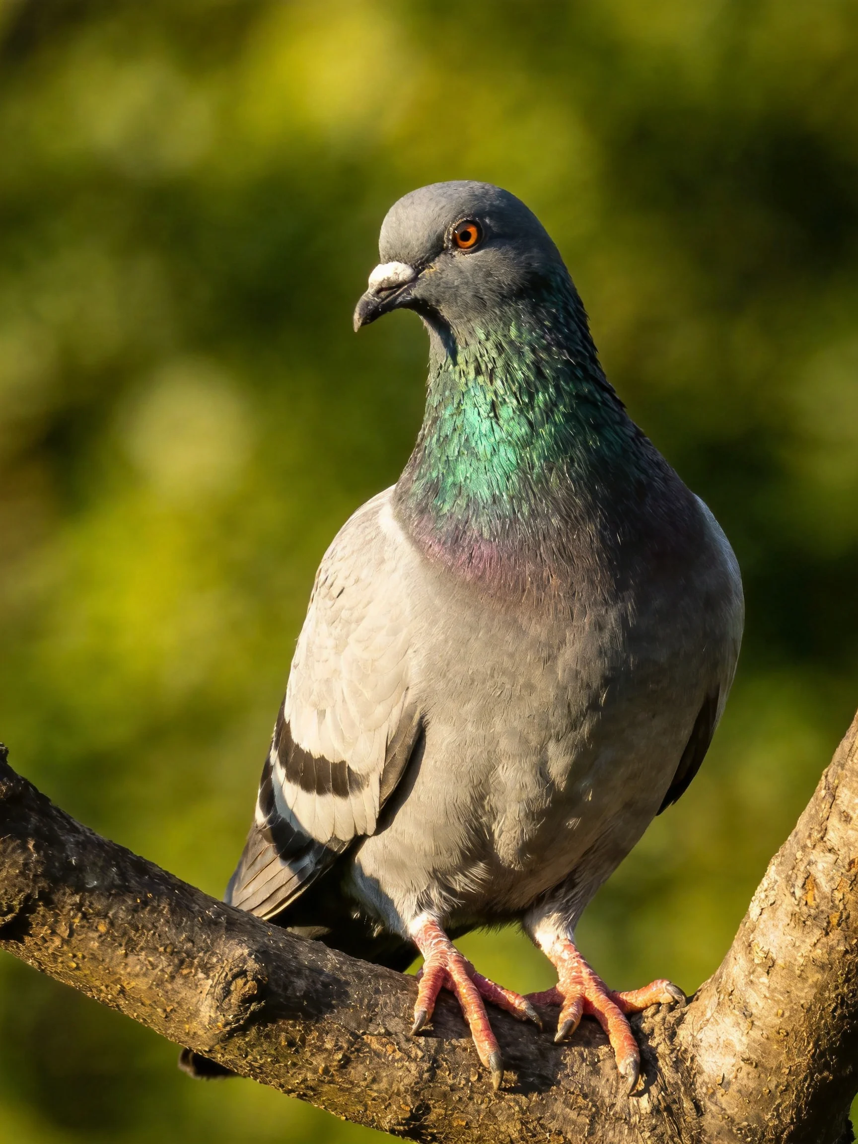 A gray pigeon with iridescent green neck perched on a branch
