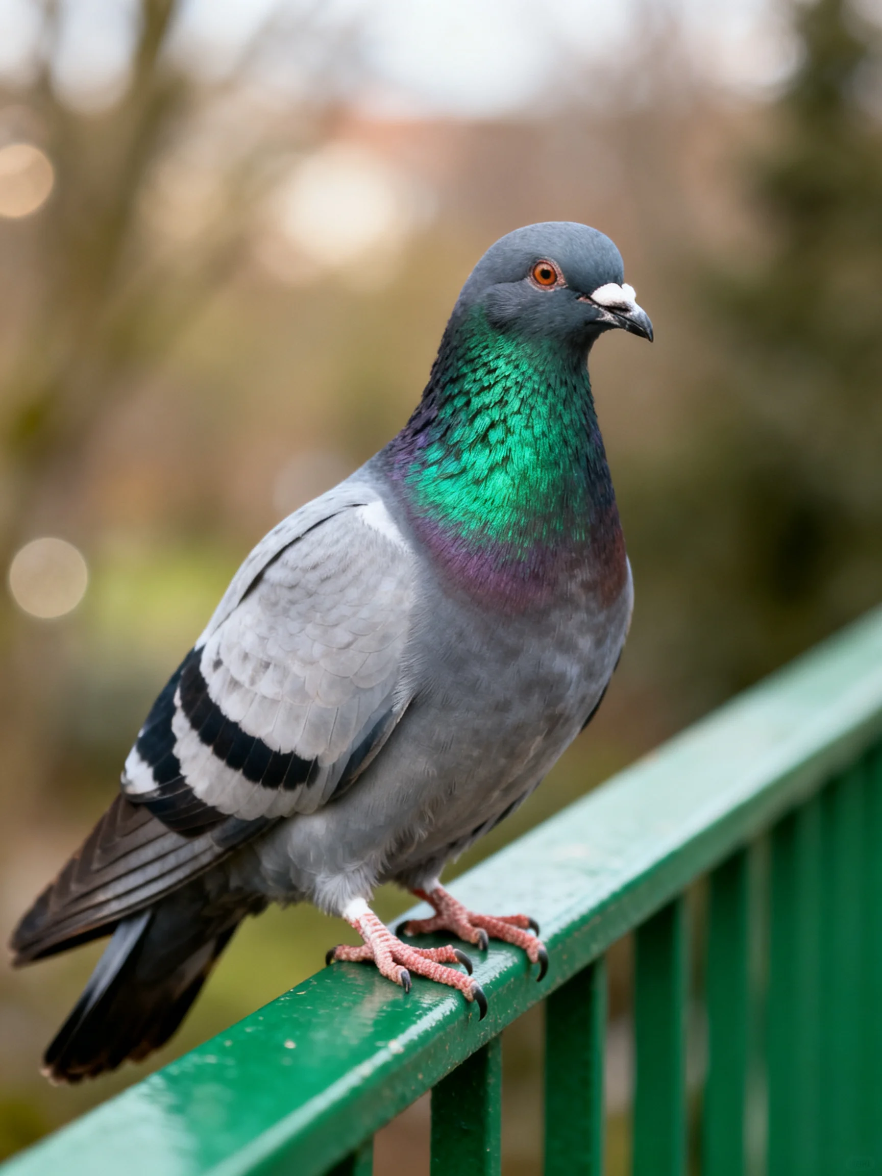 A pigeon with colorful plumage rests on a green outdoor railing.