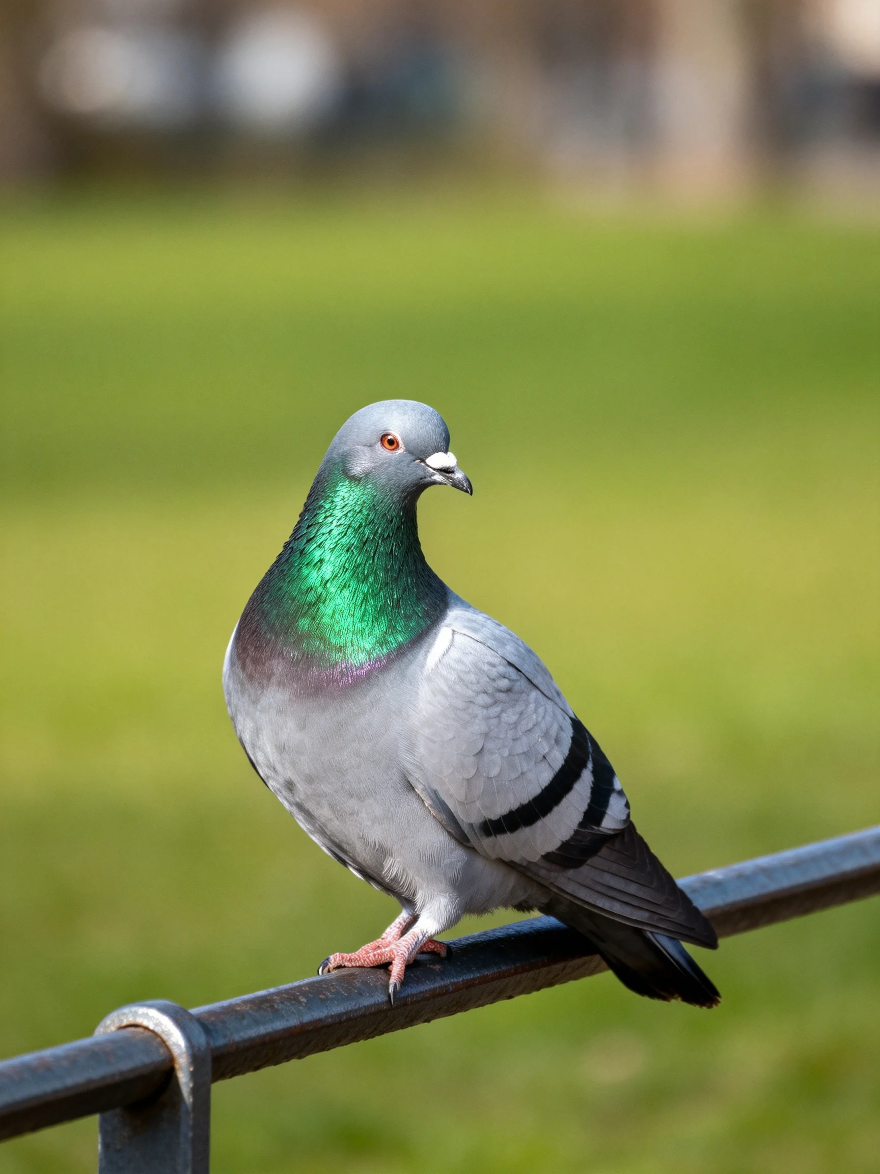 A gray pigeon with iridescent green neck perched on a metal bar