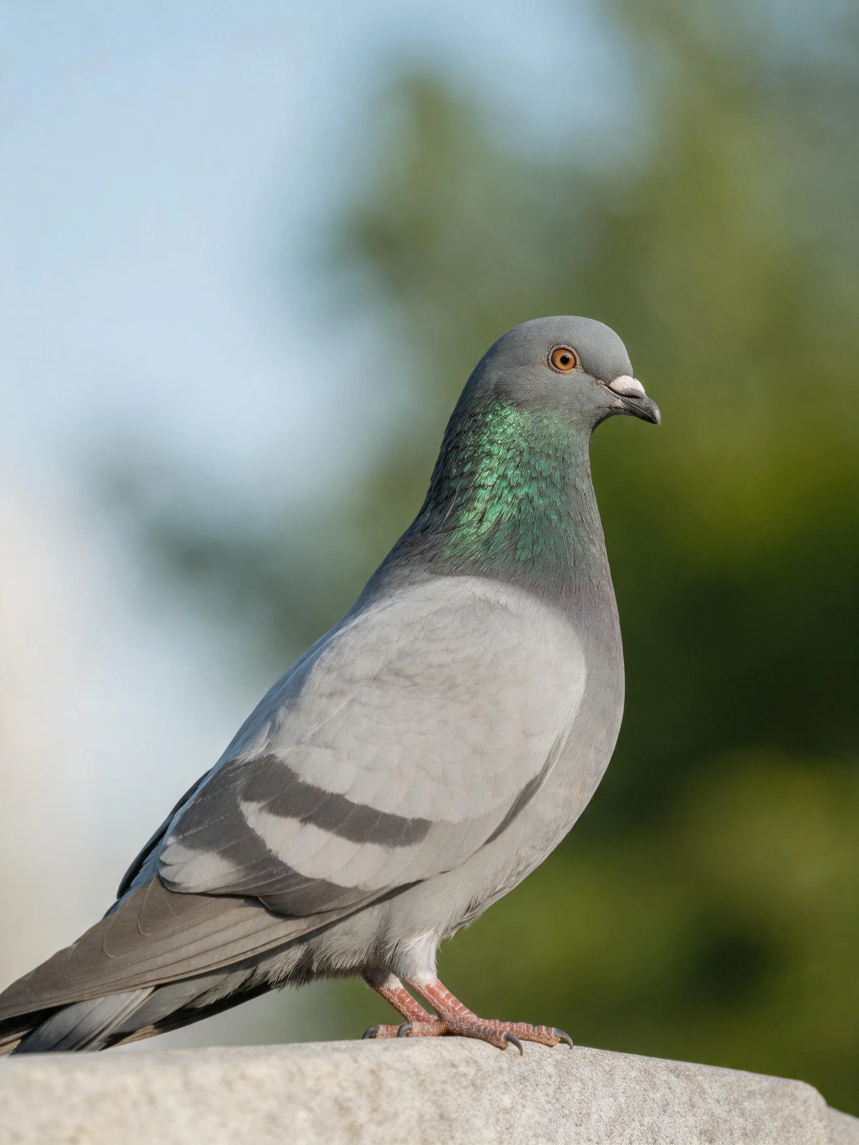 A gray pigeon with iridescent green neck, perched on a stone ledge