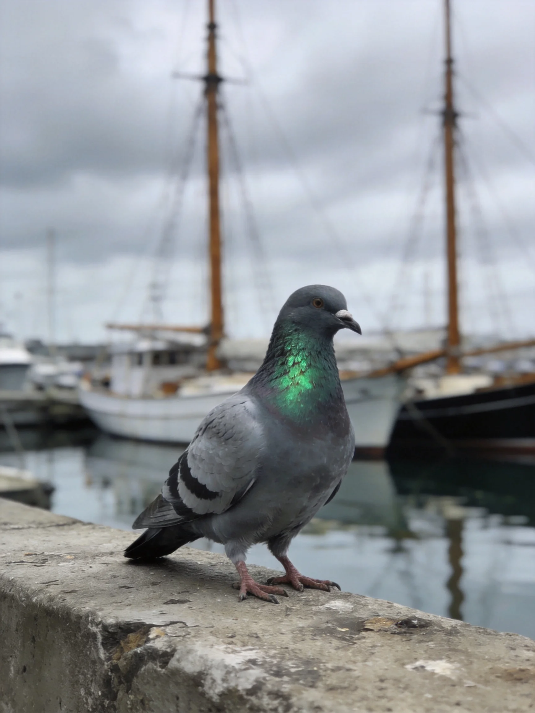 A gray pigeon with iridescent green neck perched on a weathered concrete ledge near sailboats