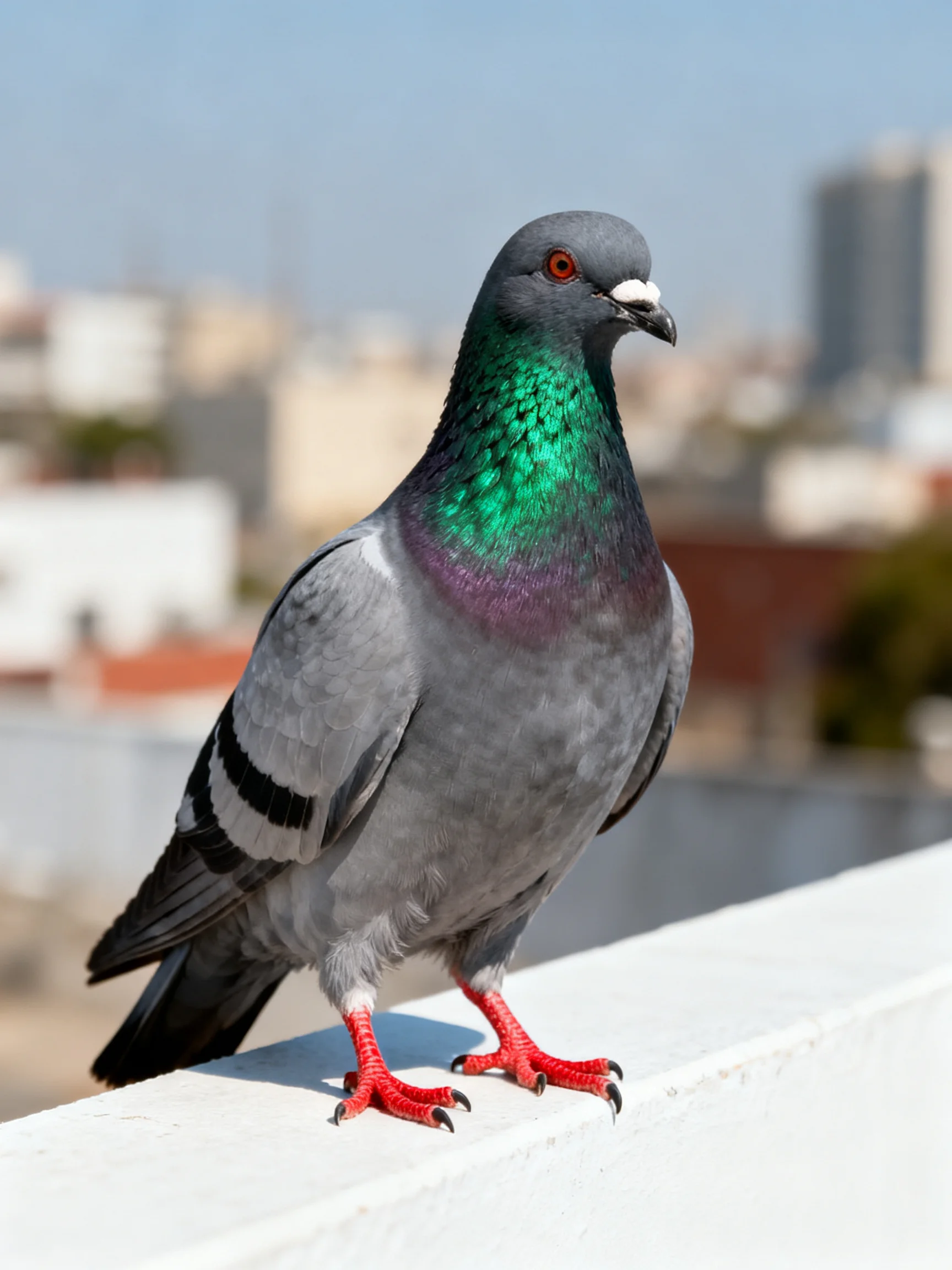 A gray pigeon with iridescent green neck perched on a white ledge