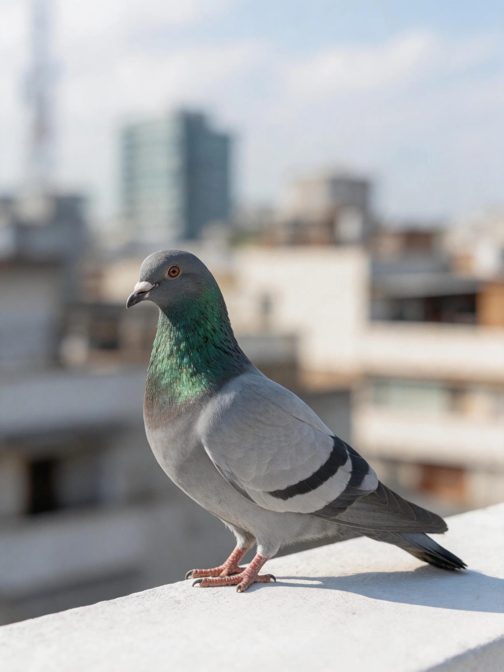 A gray pigeon with iridescent green neck perched on a white ledge
