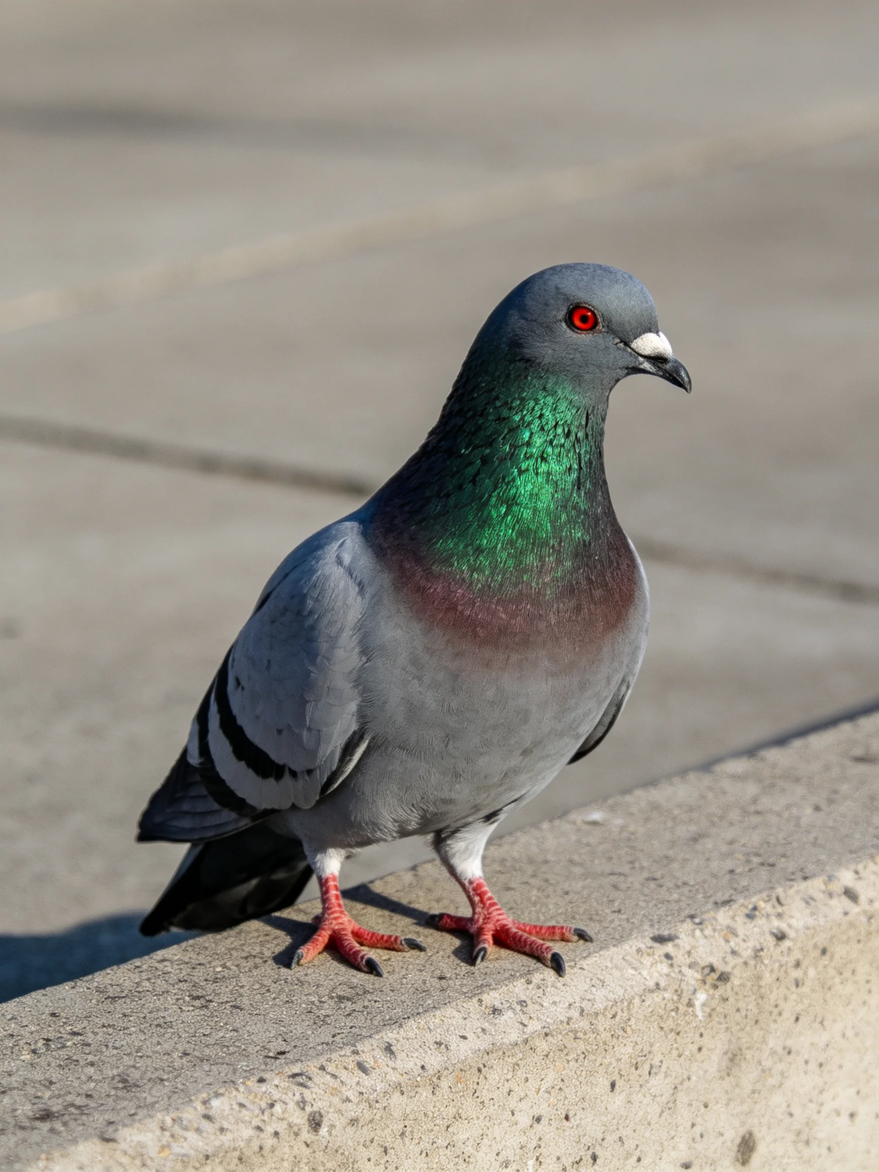 A pigeon with multicolored plumage rests on concrete near pavement.