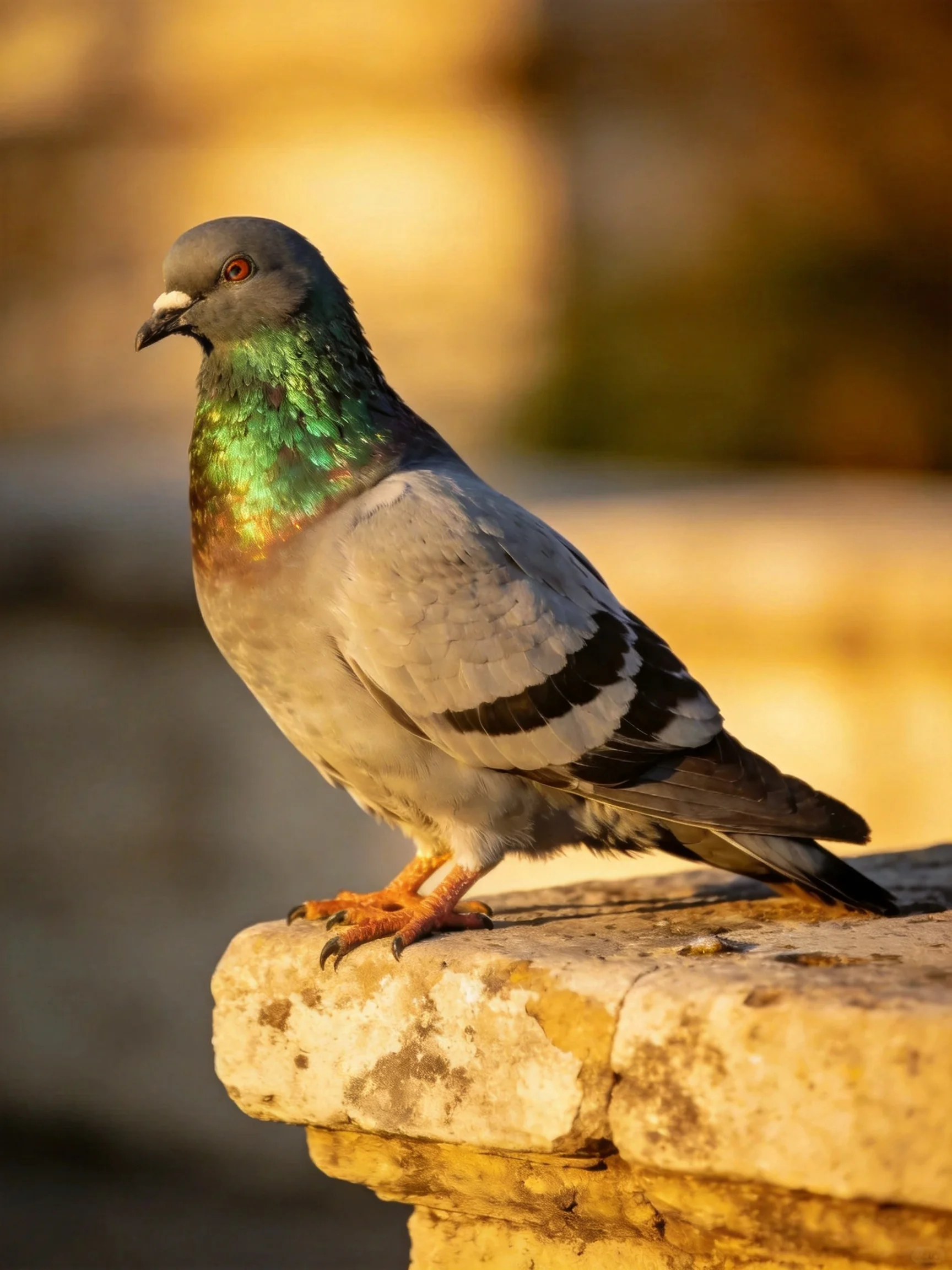 A gray pigeon with iridescent green neck perched on weathered stone
