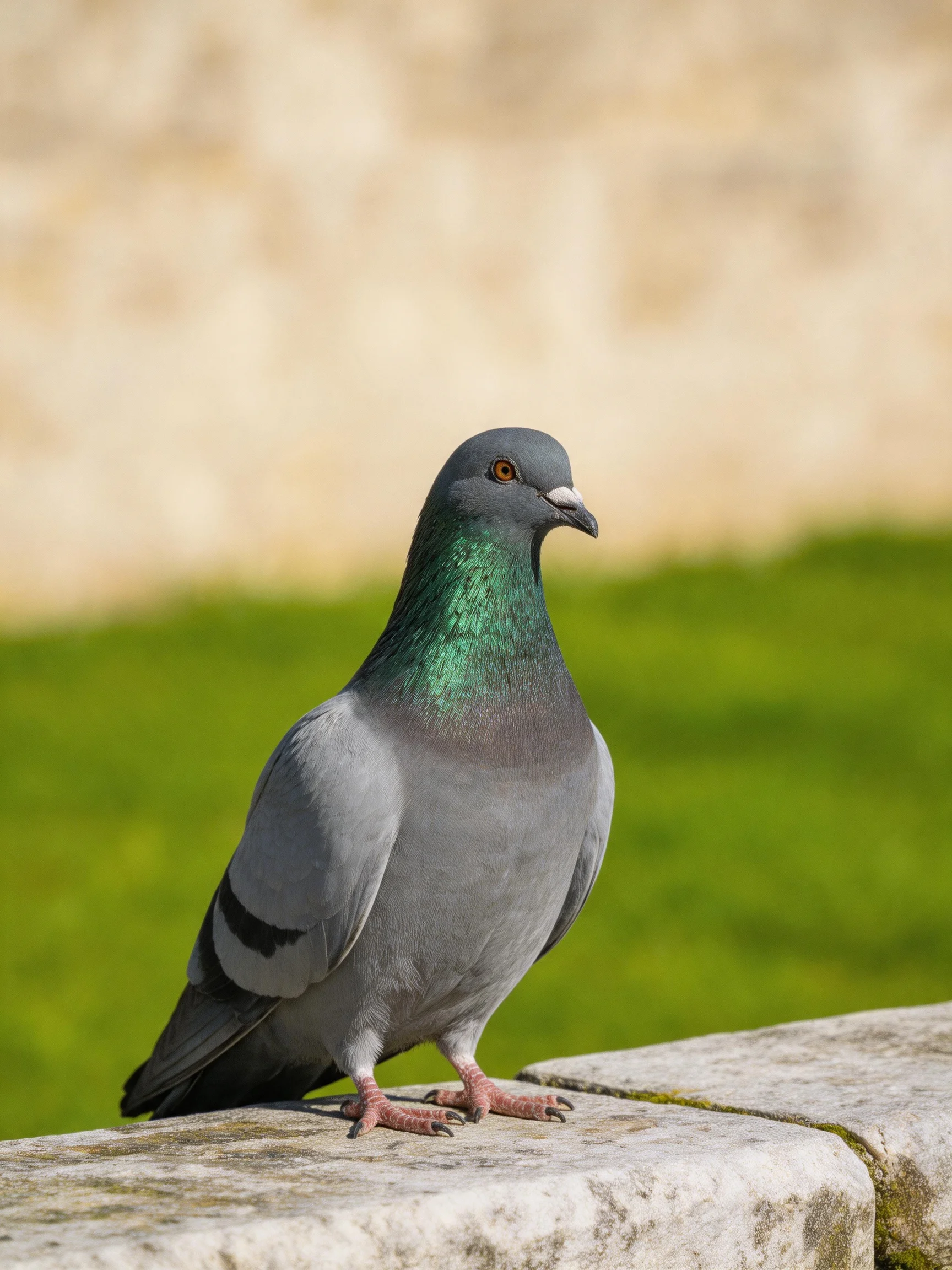 A gray pigeon with iridescent green neck perched on weathered stone