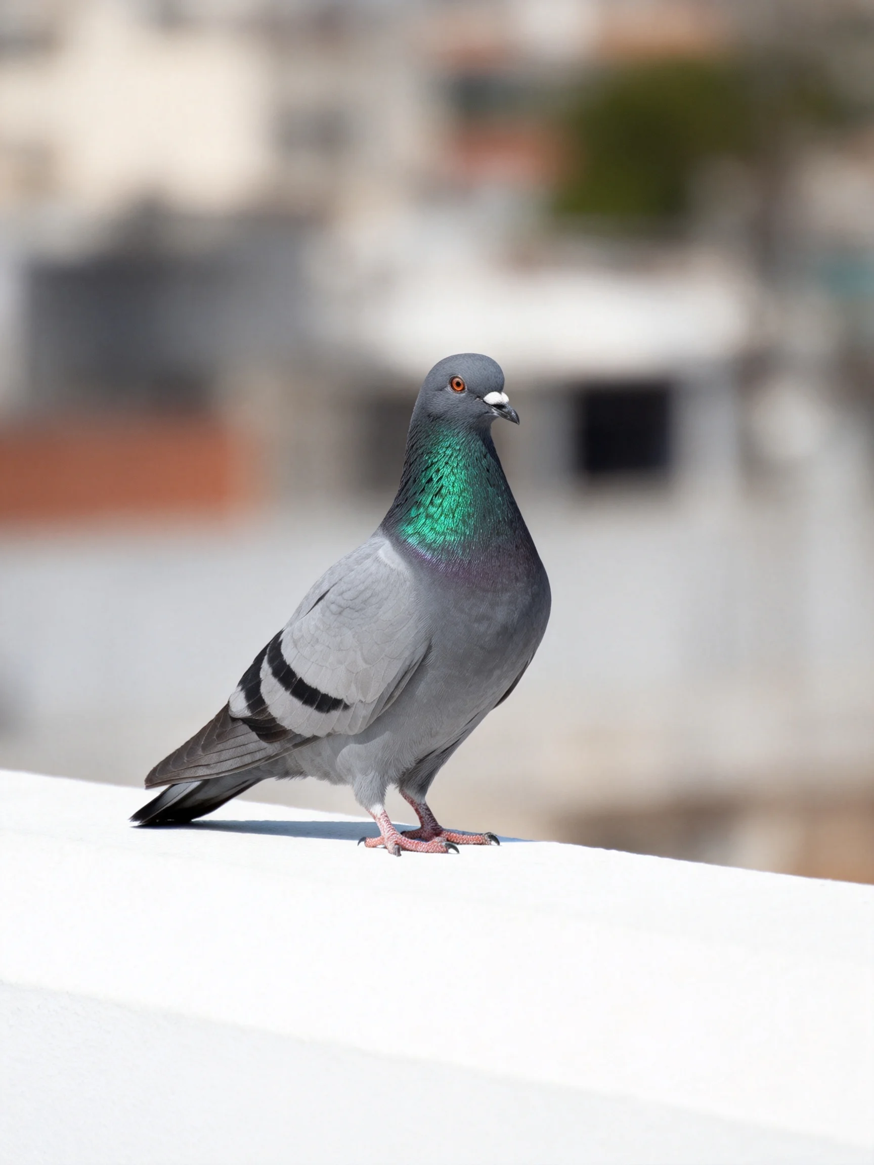A gray pigeon with iridescent green neck perched on white surface