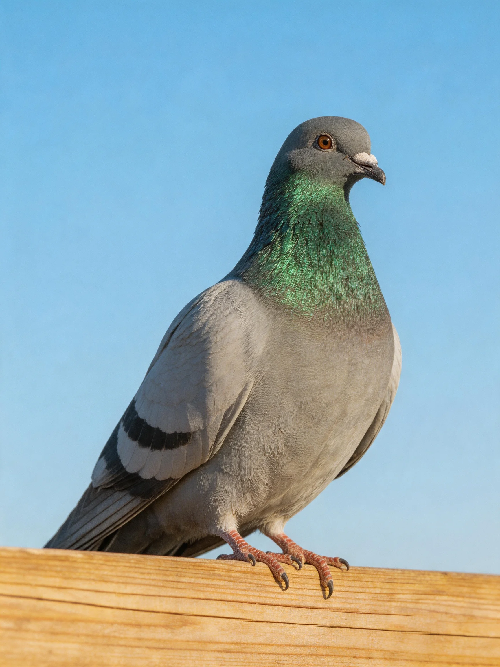 A gray pigeon with iridescent green neck perched on wooden planks