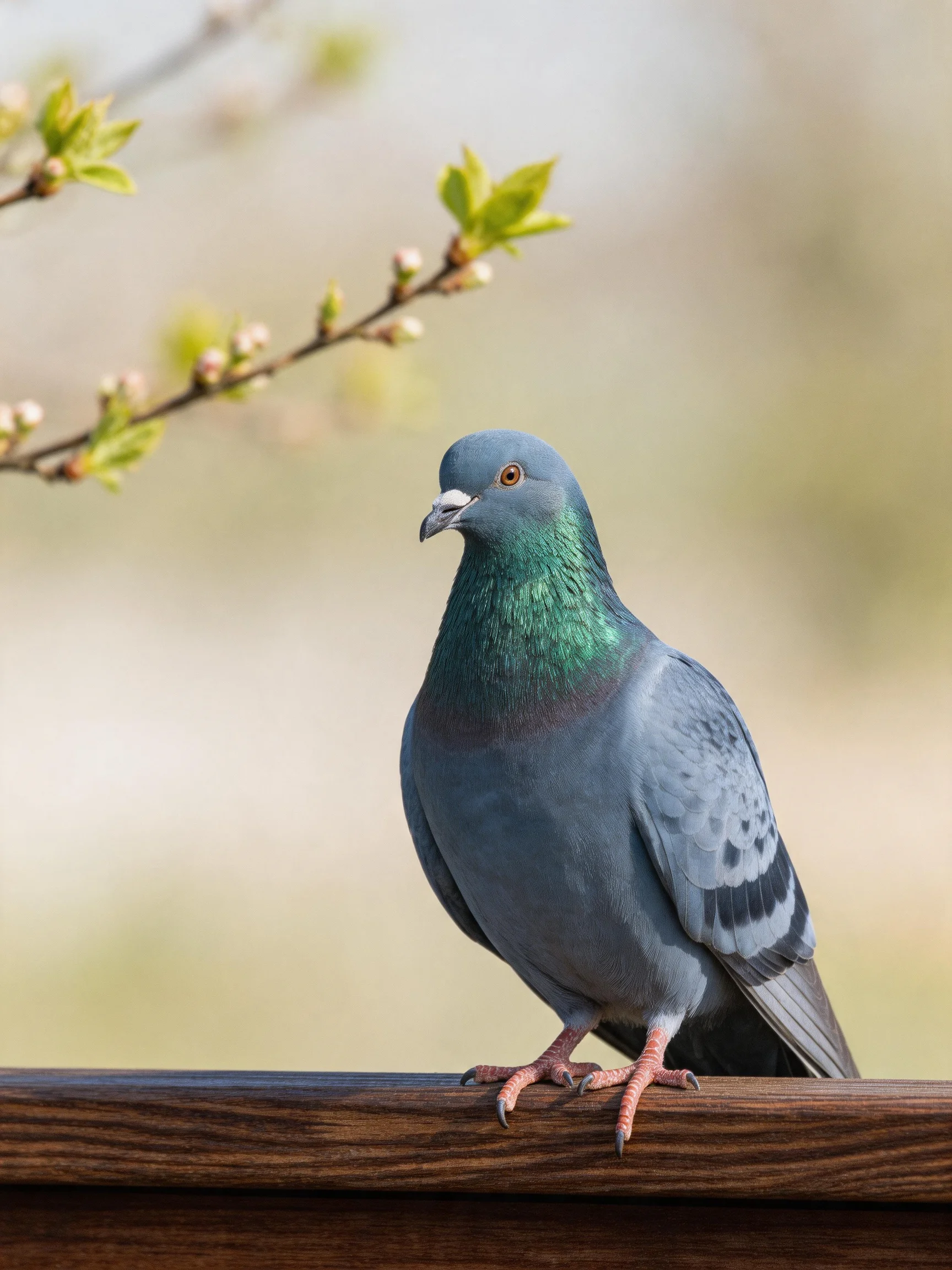 A gray pigeon with iridescent green neck perched on wooden railing