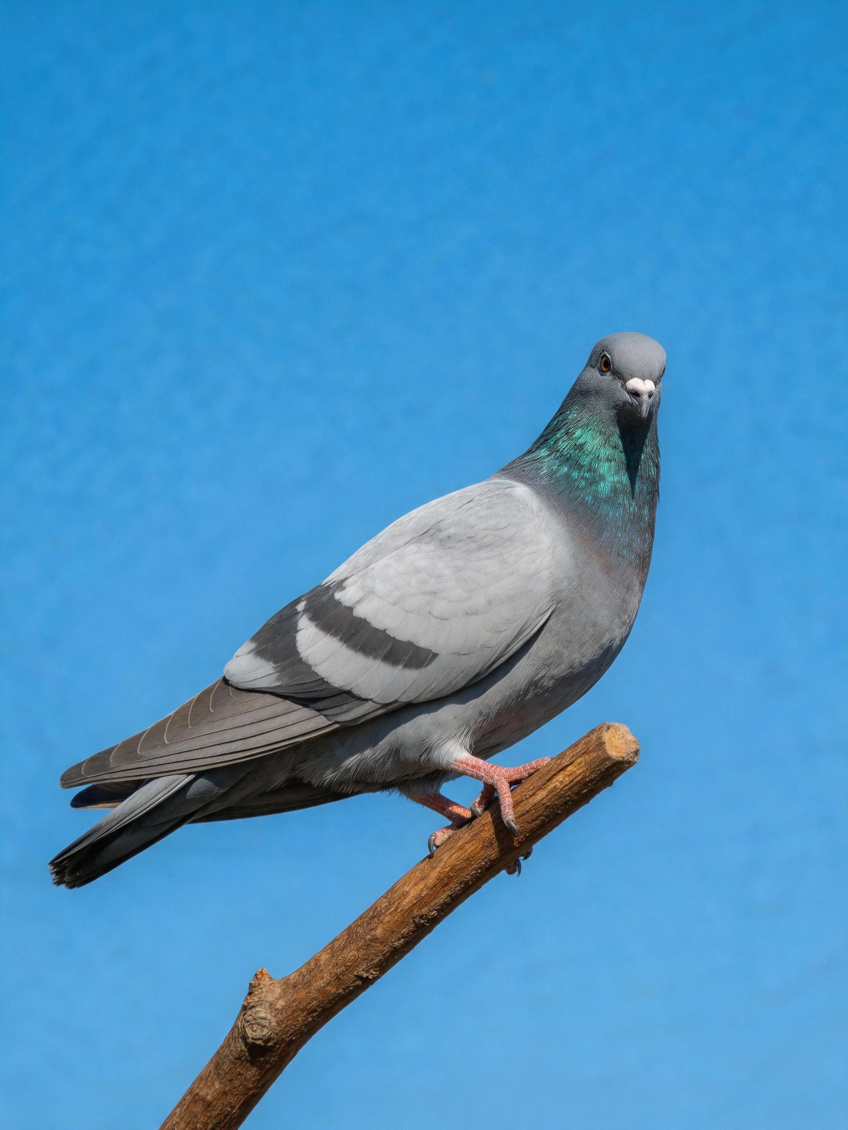 A gray pigeon with iridescent green neck perches on a brown wooden branch