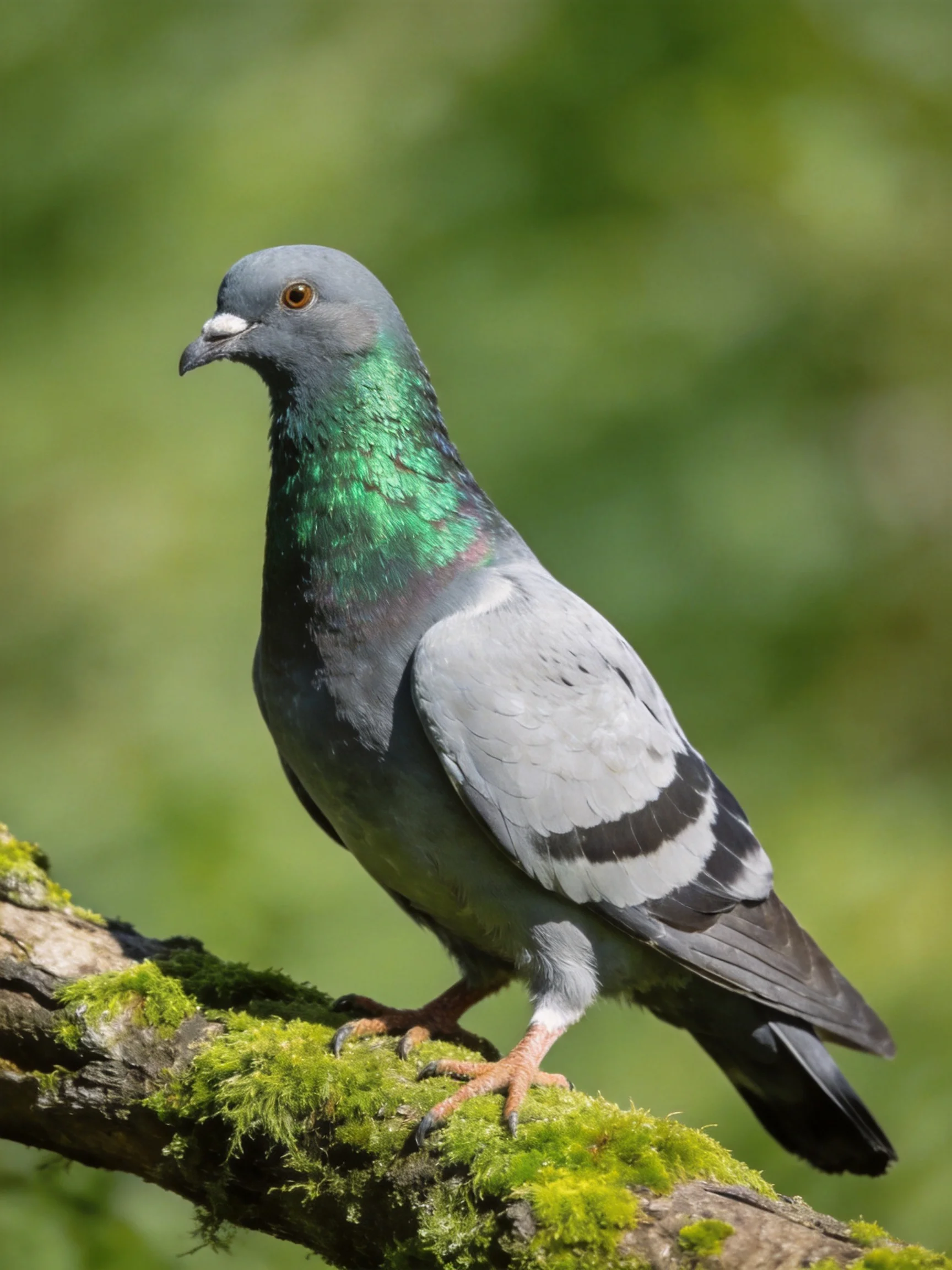 A gray pigeon with iridescent green neck perches on a moss-covered branch