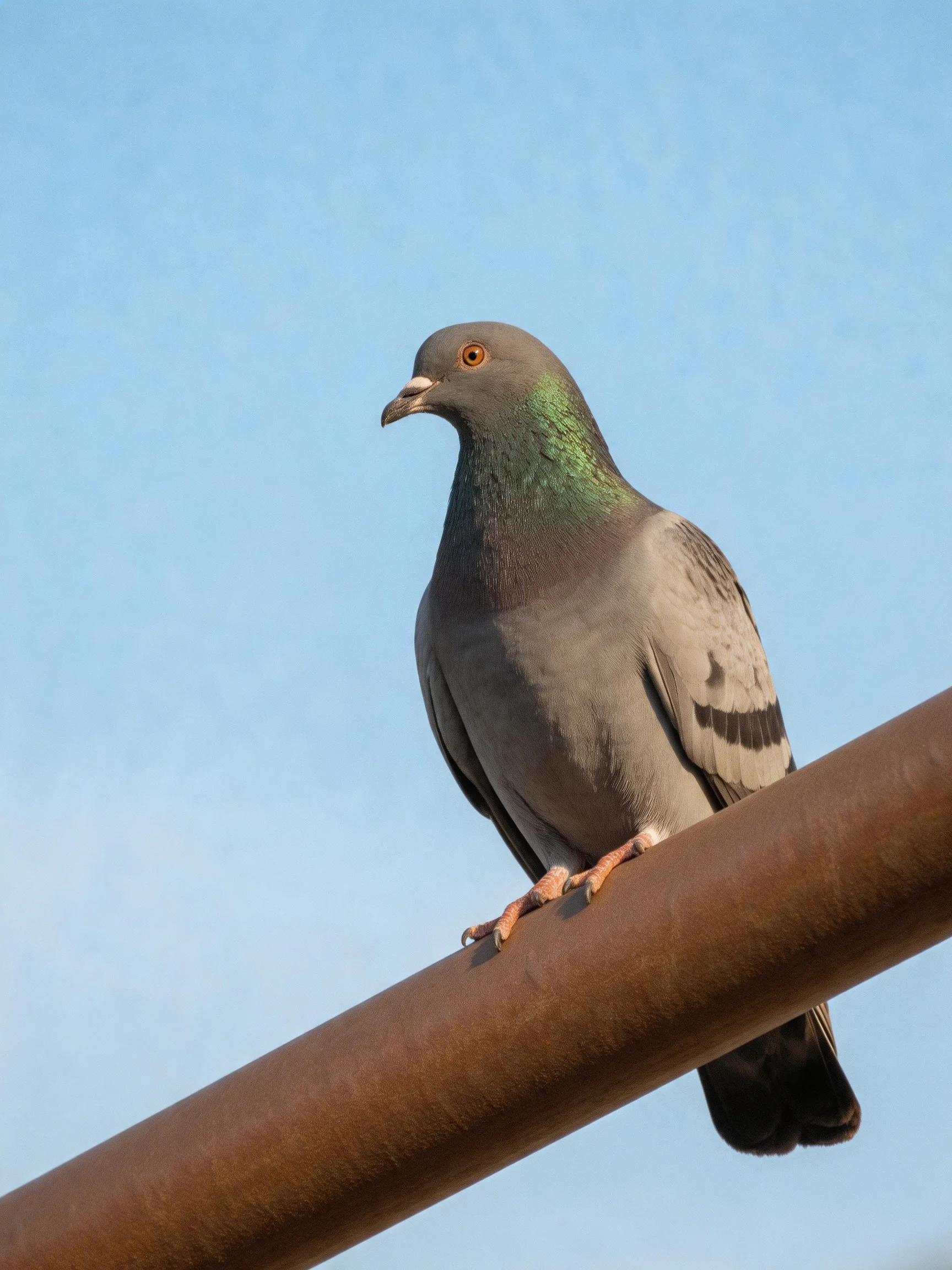 A gray pigeon with iridescent green neck perches on a rusted metal bar