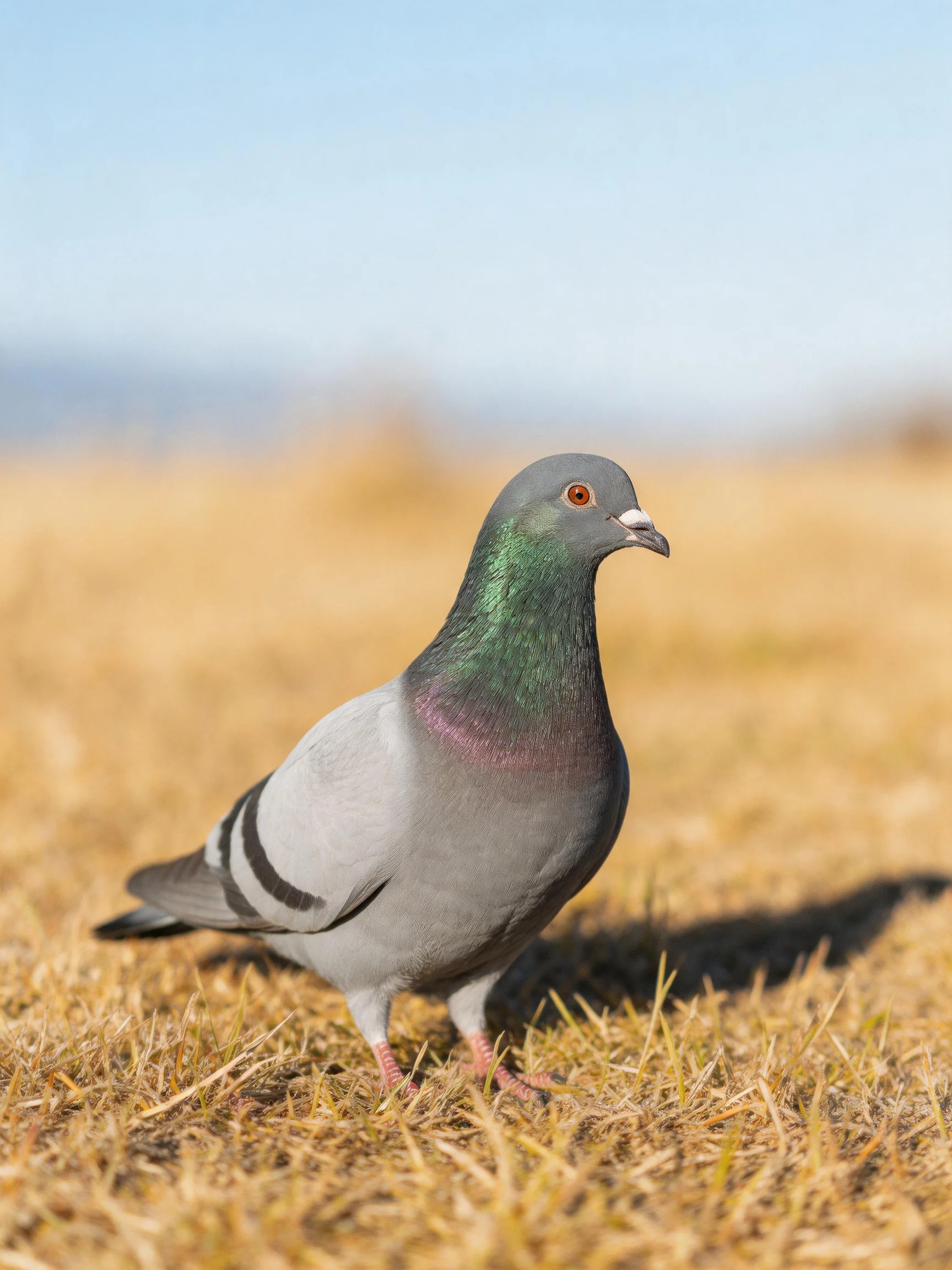 A gray pigeon with iridescent green neck stands on dry golden grass