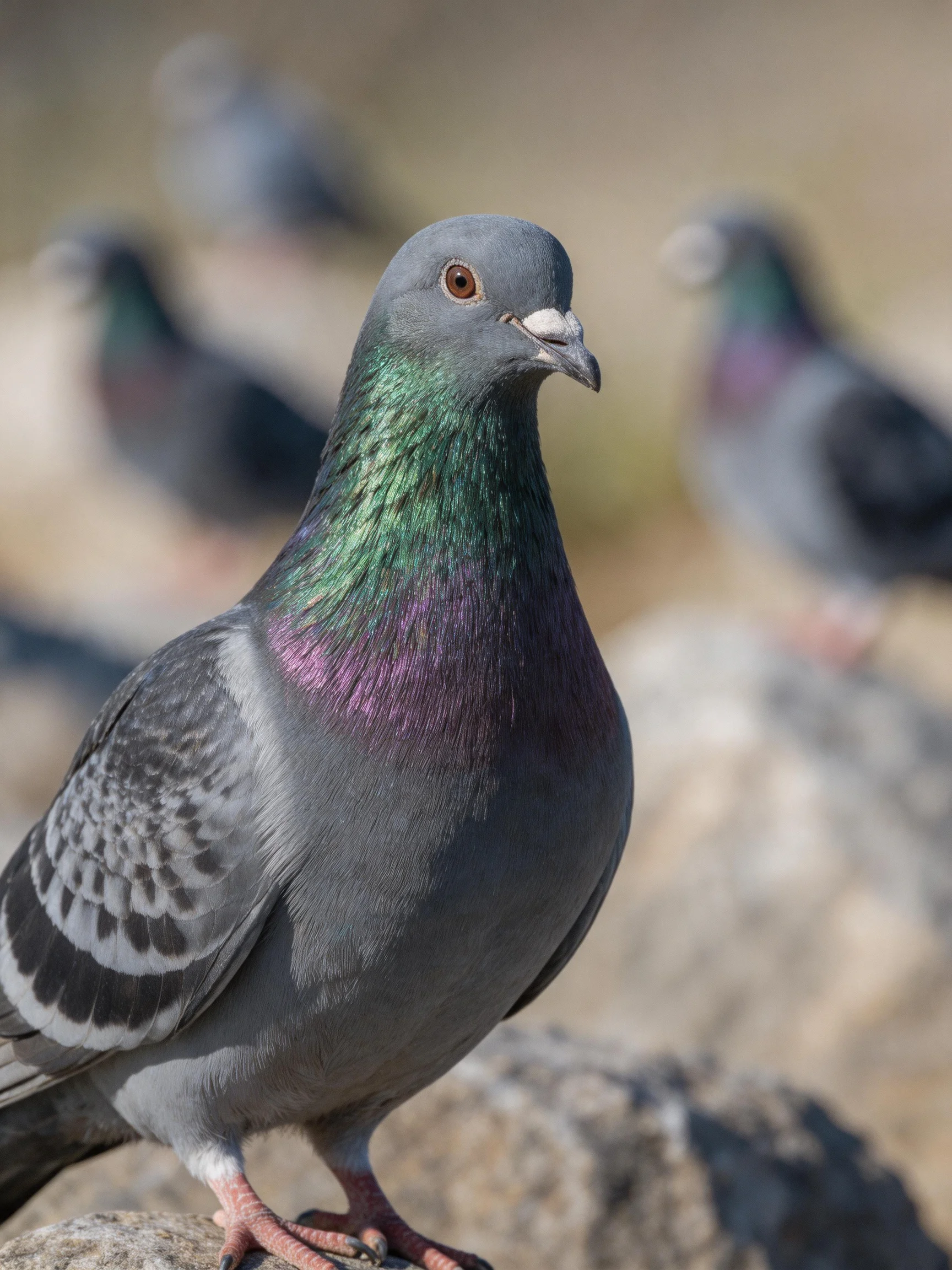A gray pigeon with iridescent green-purple neck feathers in focus