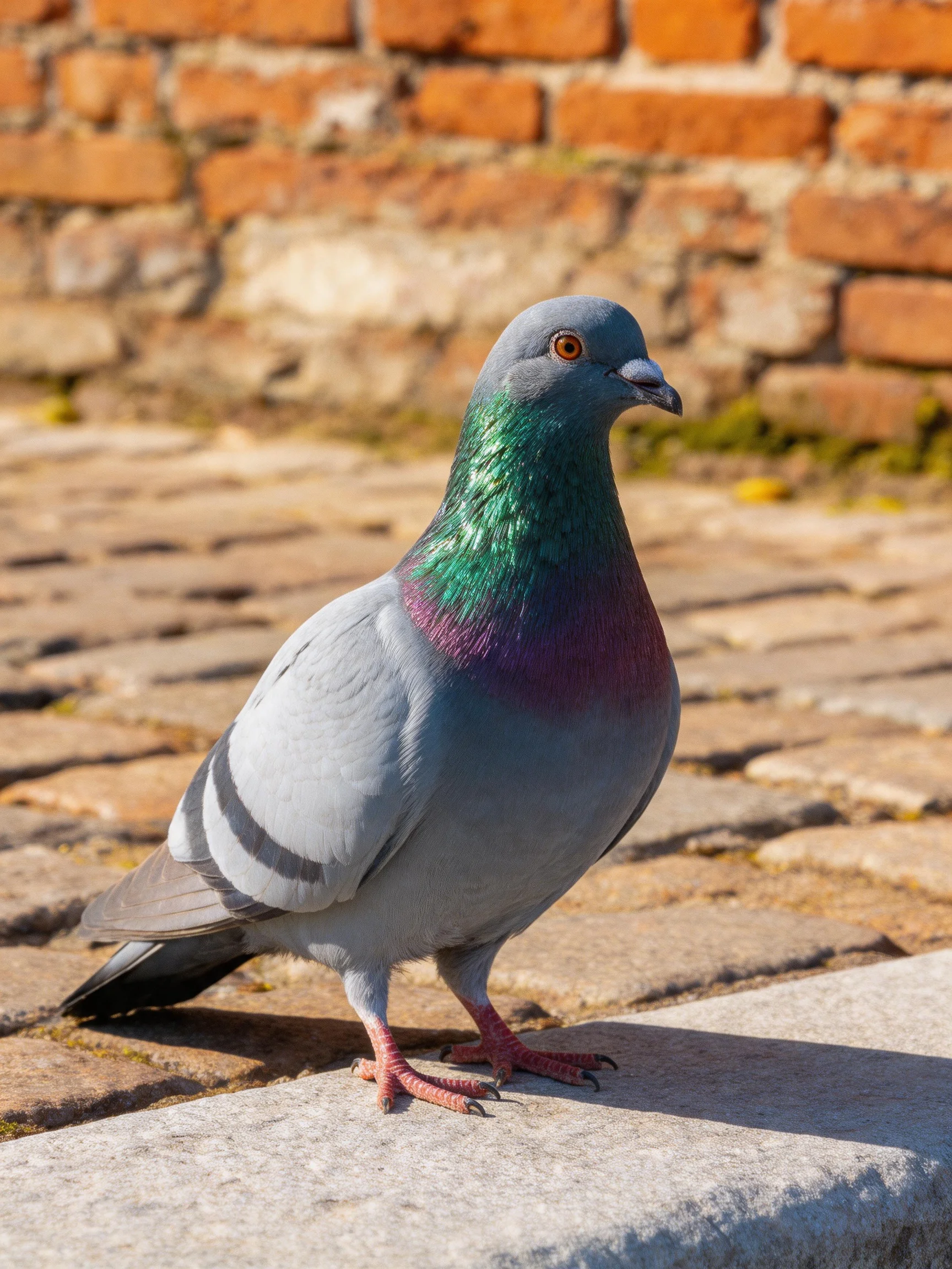A gray pigeon stands on a stone ledge beside an aged brick wall.