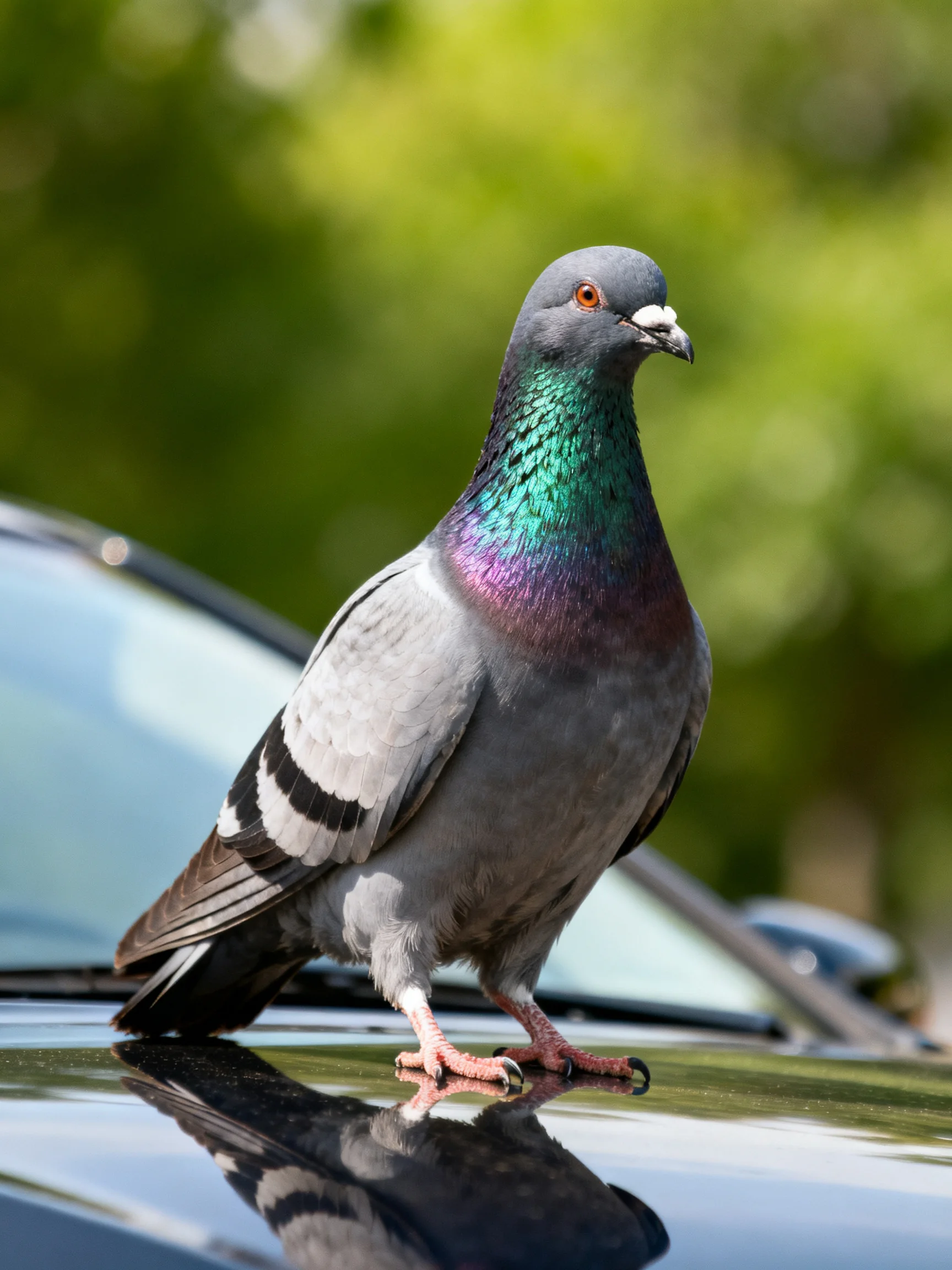 A gray pigeon with iridescent green-purple neck on car hood