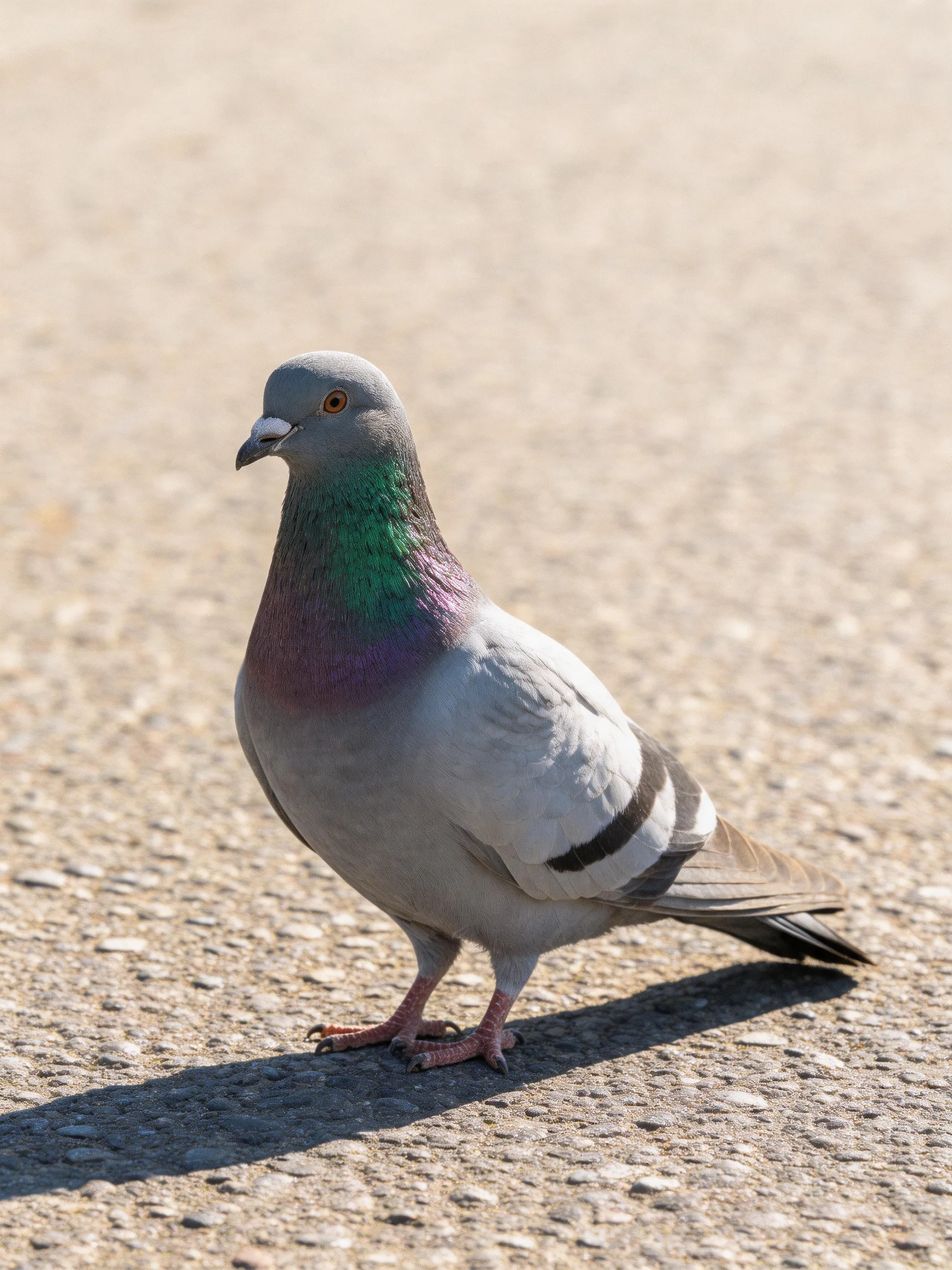 A gray pigeon with iridescent green-purple neck on textured pavement
