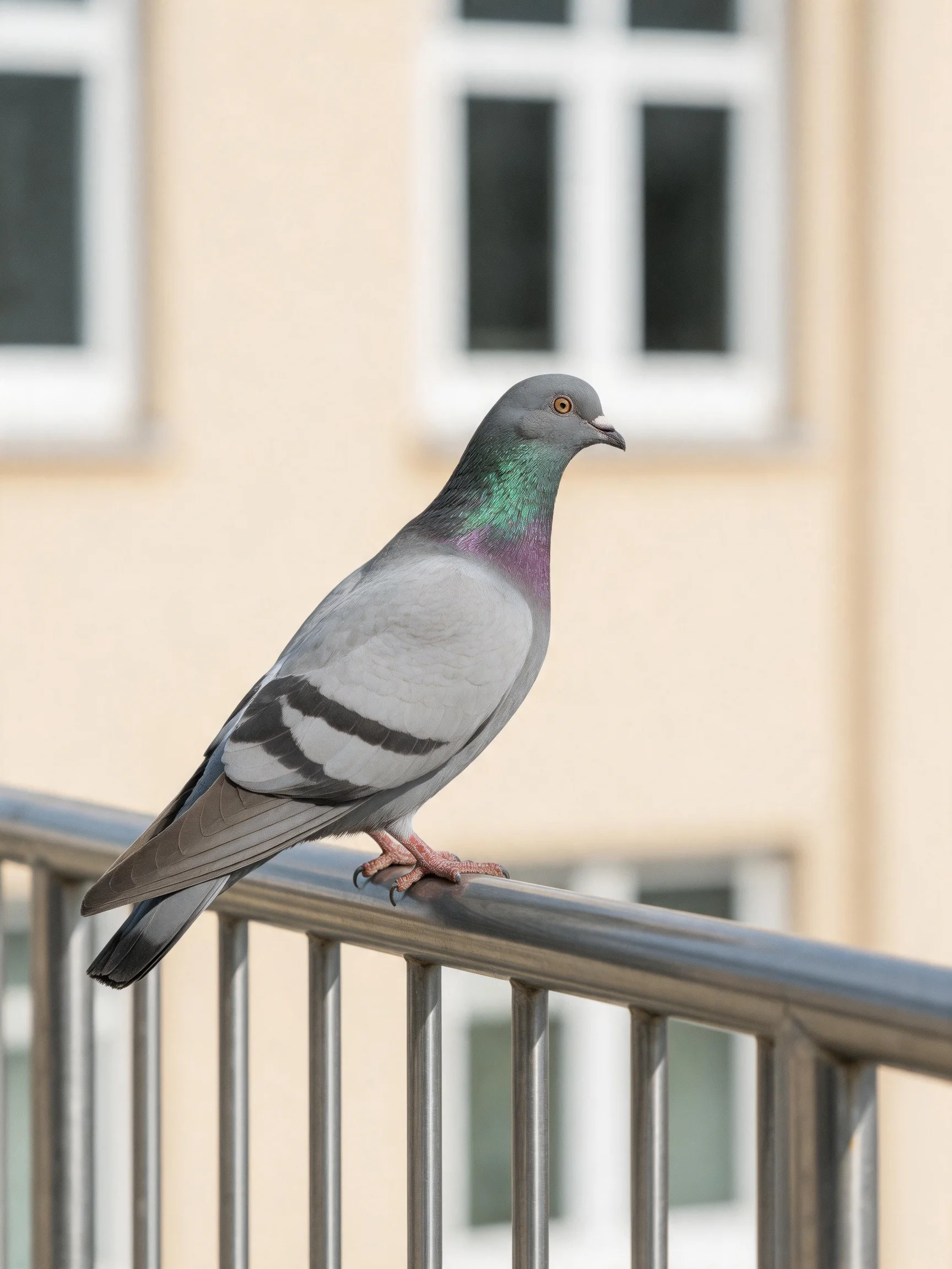 A gray pigeon with iridescent green-purple neck perches on metal railing near beige building