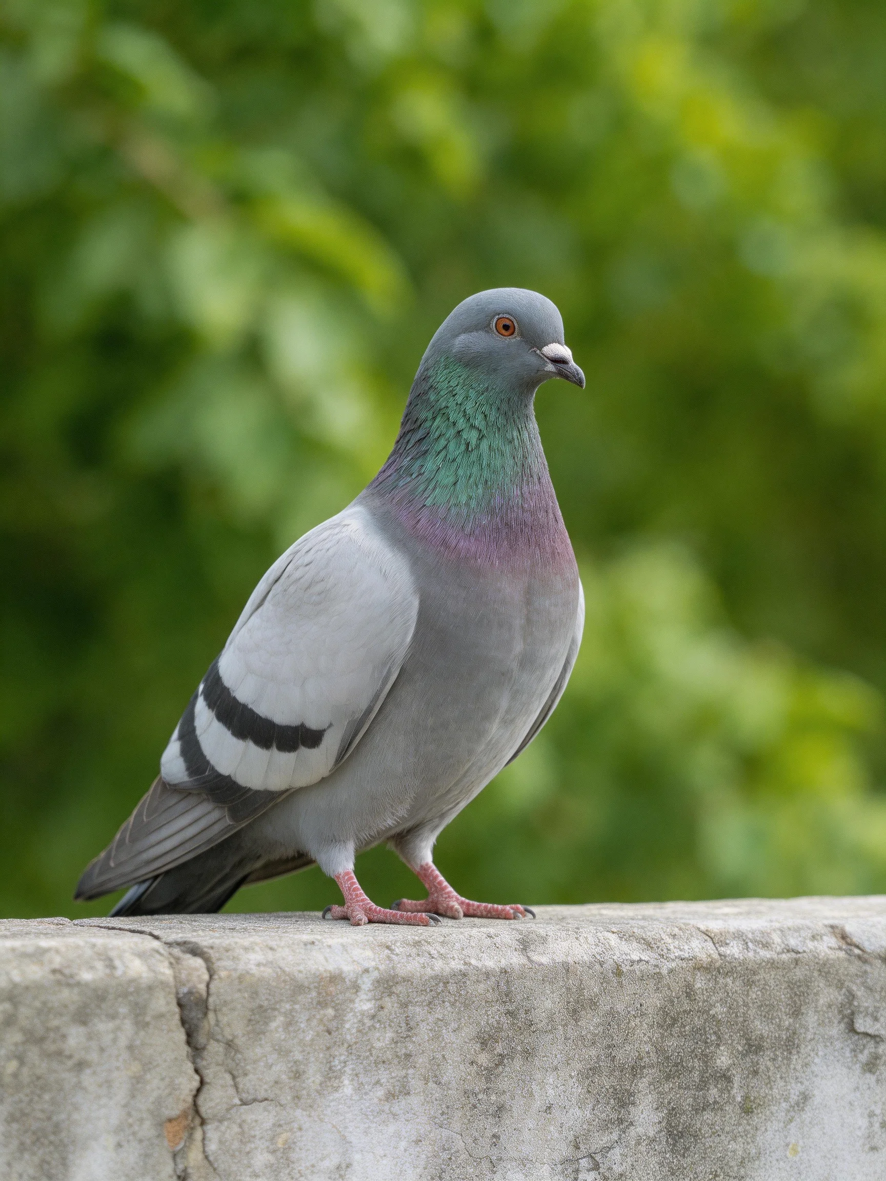 A gray pigeon with iridescent green-purple plumage perched on a weathered concrete ledge