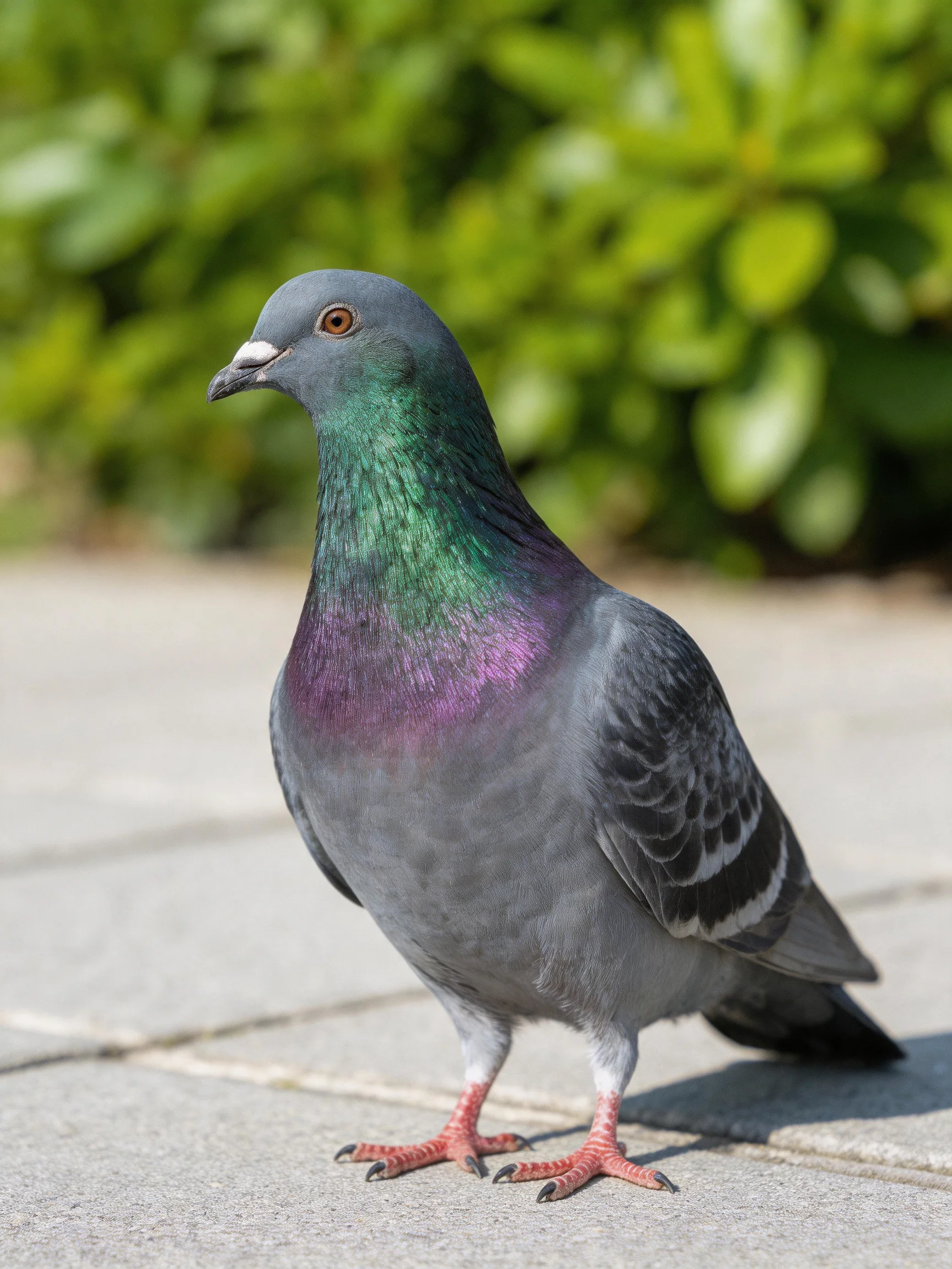A pigeon with colorful plumage stands on paved ground near greenery