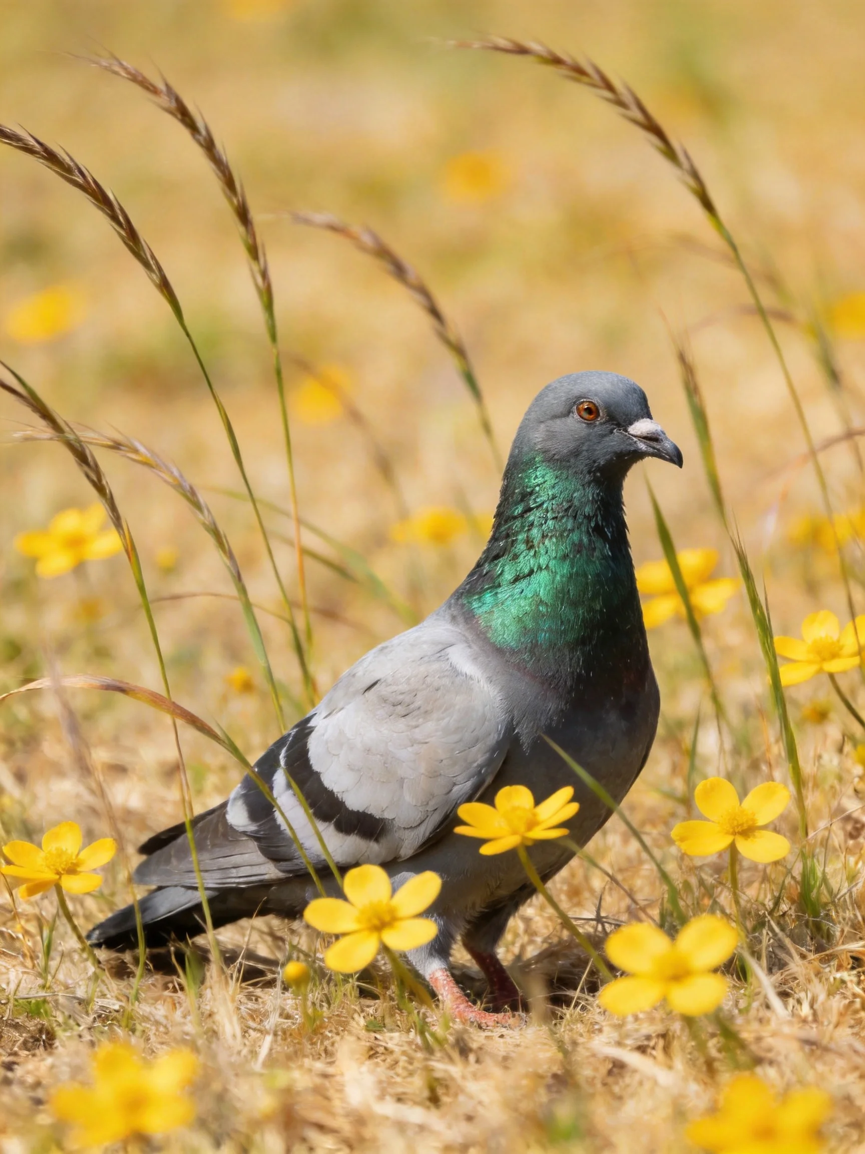 A gray pigeon with iridescent neck amid yellow wildflowers
