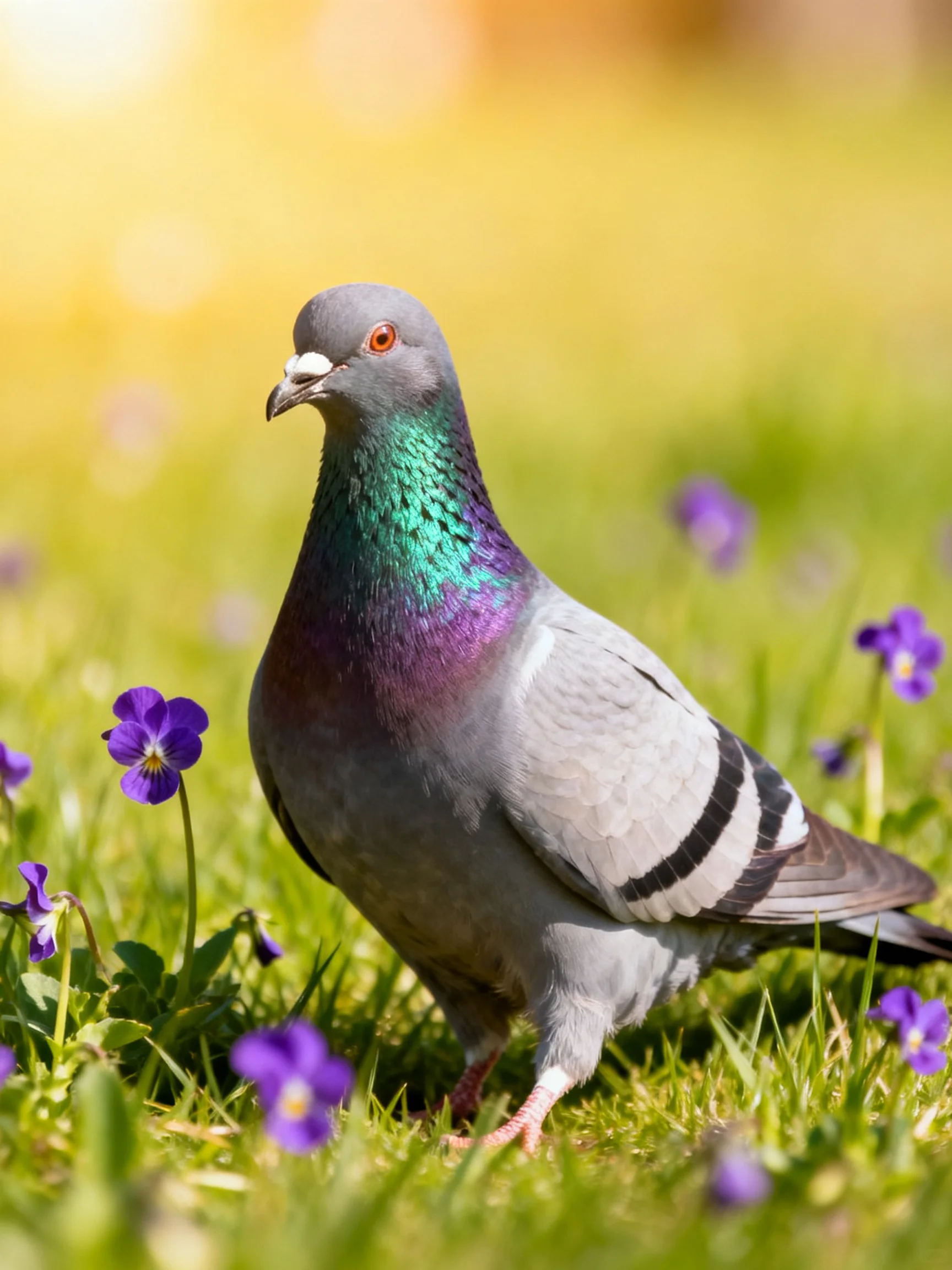 A gray pigeon stands among purple flowers in a sunlit grassy area.