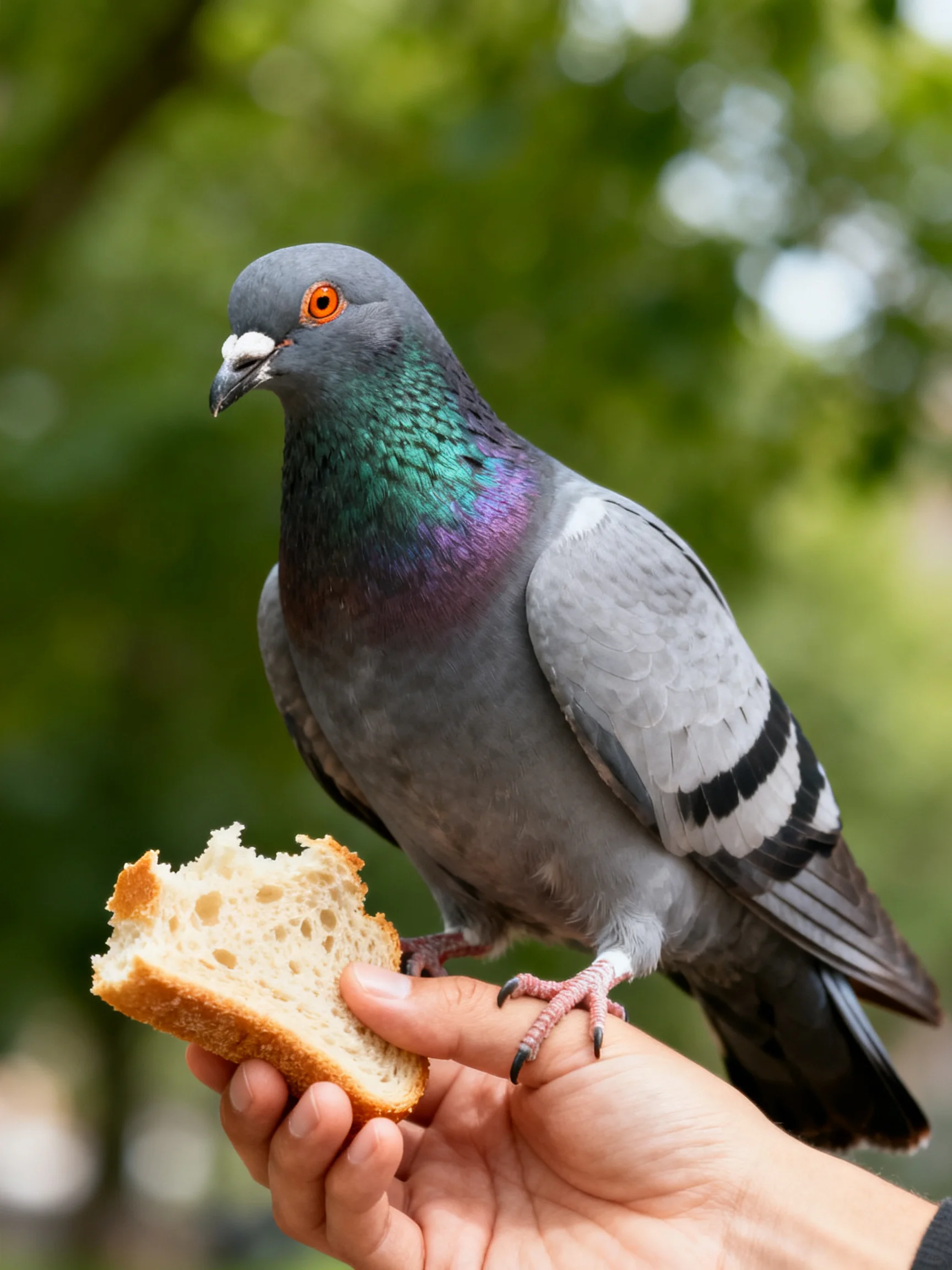 A gray pigeon with iridescent neck feathers eats bread from a hand