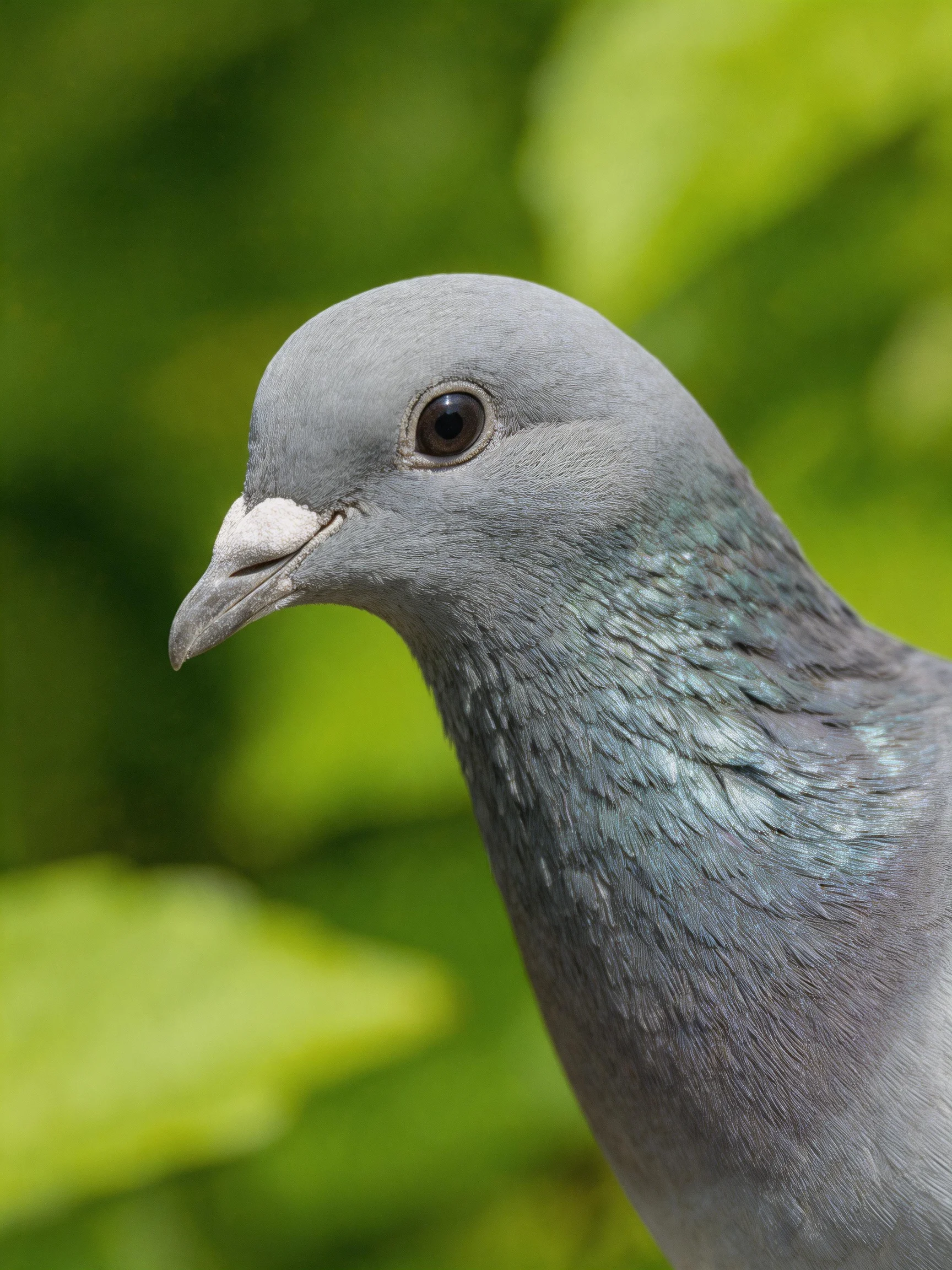 A gray pigeon with iridescent neck feathers near lush green foliage