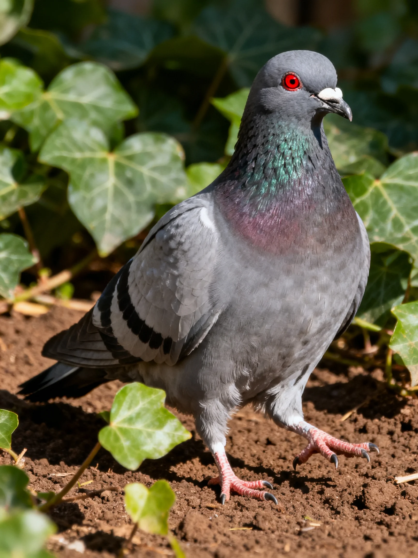 A gray pigeon with iridescent neck feathers near lush green ivy
