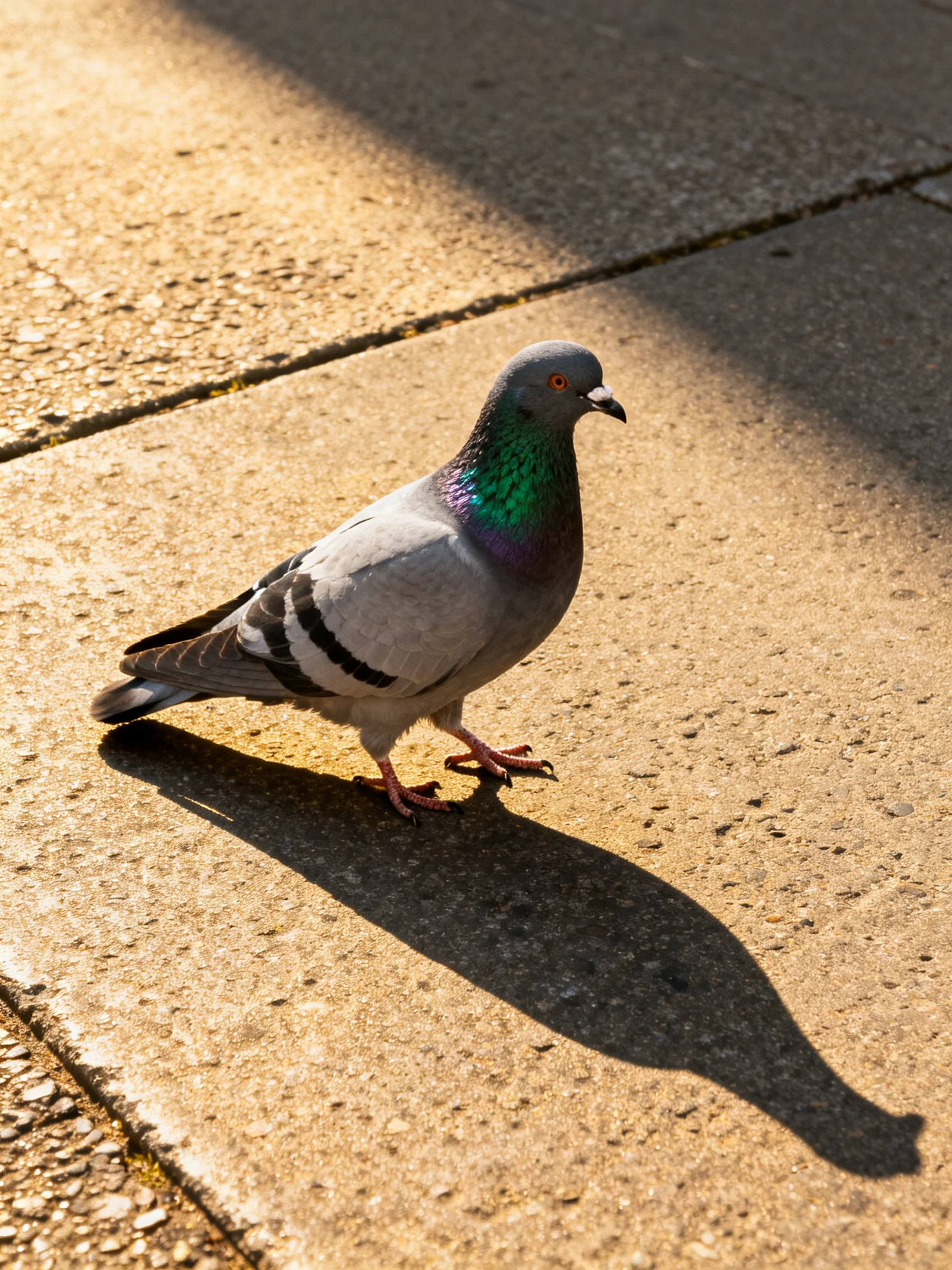 A gray pigeon with colorful neck feathers walks on a sunlit pavement.