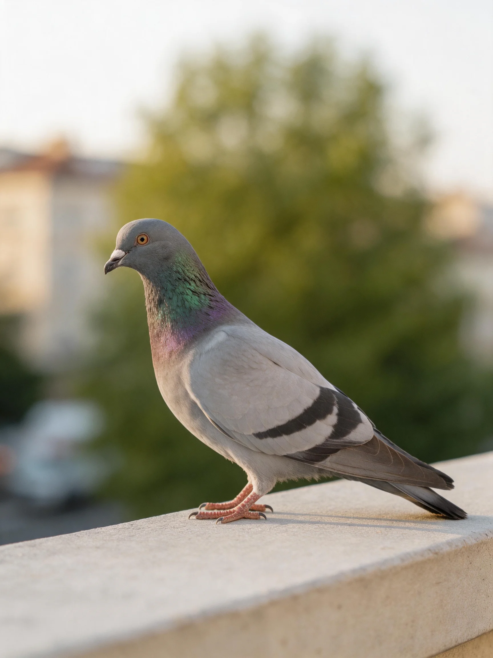 A gray pigeon with iridescent neck feathers perched on a concrete ledge