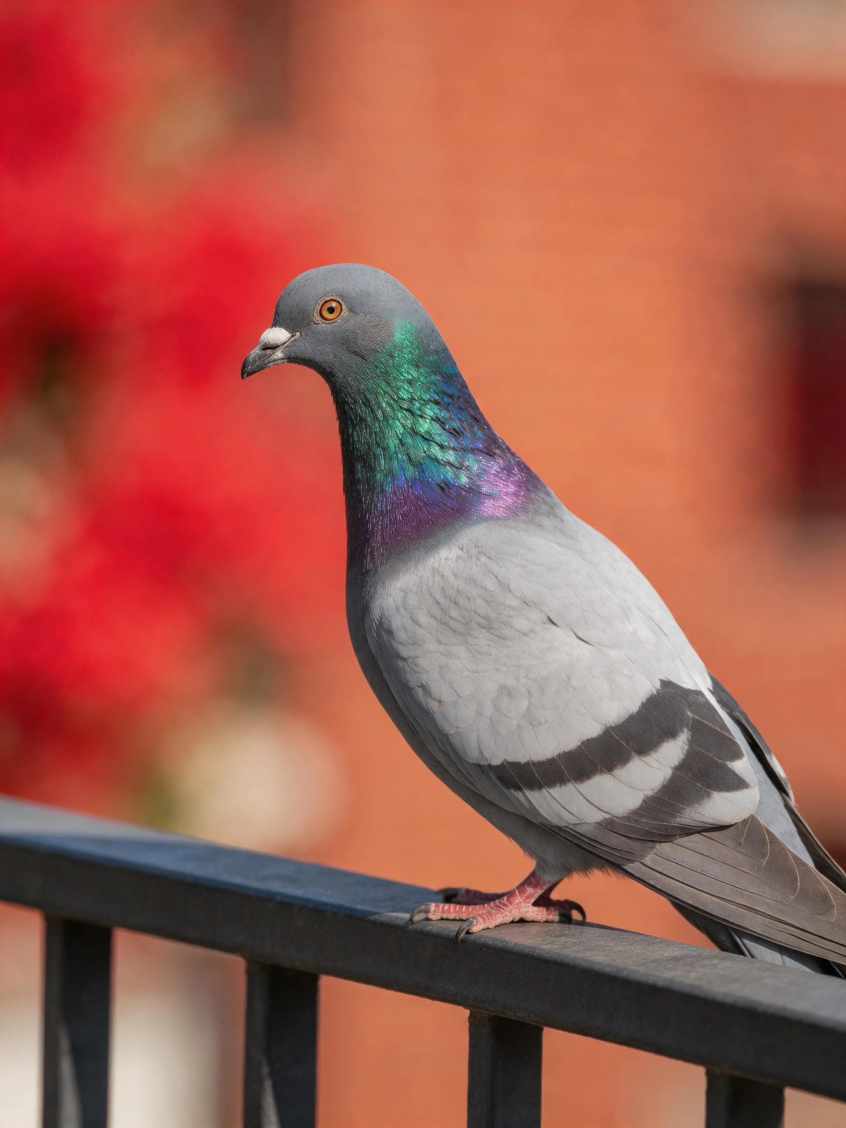 A pigeon with colorful plumage perches on a dark railing amid a blurred red-orange backdrop.