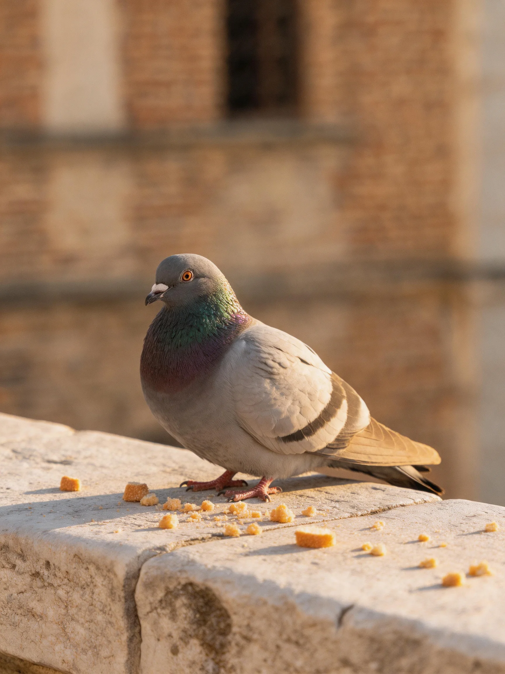 A gray pigeon rests on a stone ledge surrounded by scattered crumbs near an old brick building.