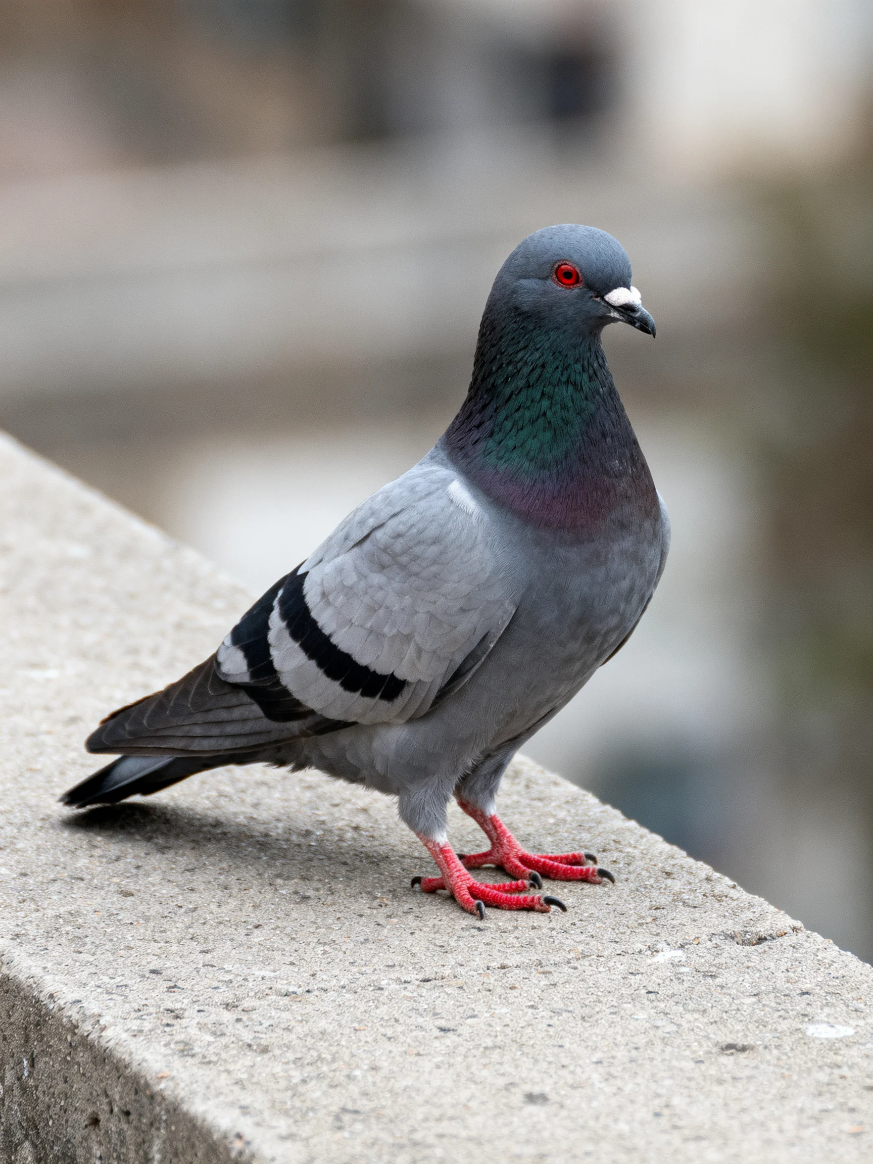 A gray pigeon with iridescent neck feathers perched on concrete