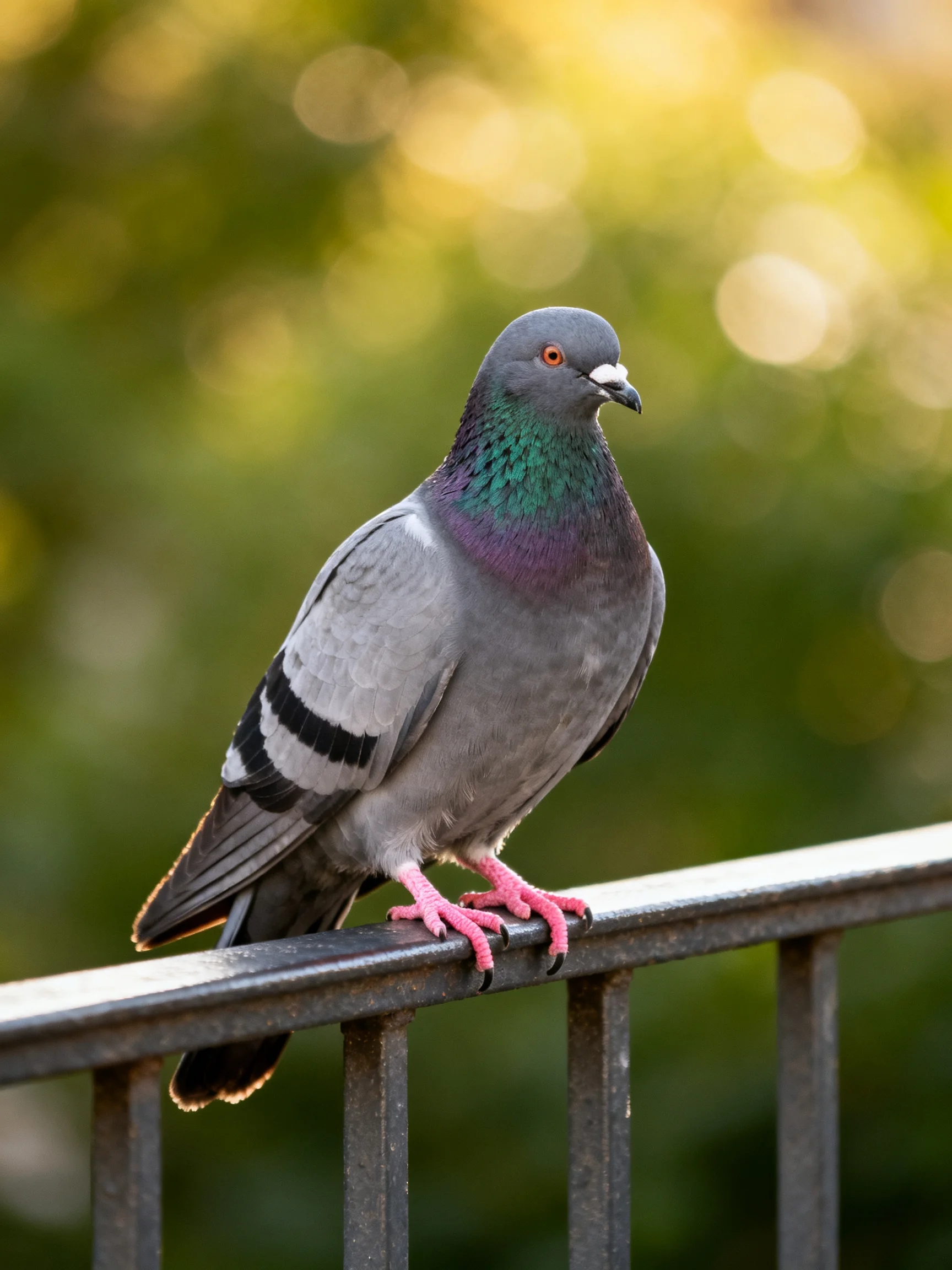 A gray pigeon with iridescent neck feathers perches on a metal railing