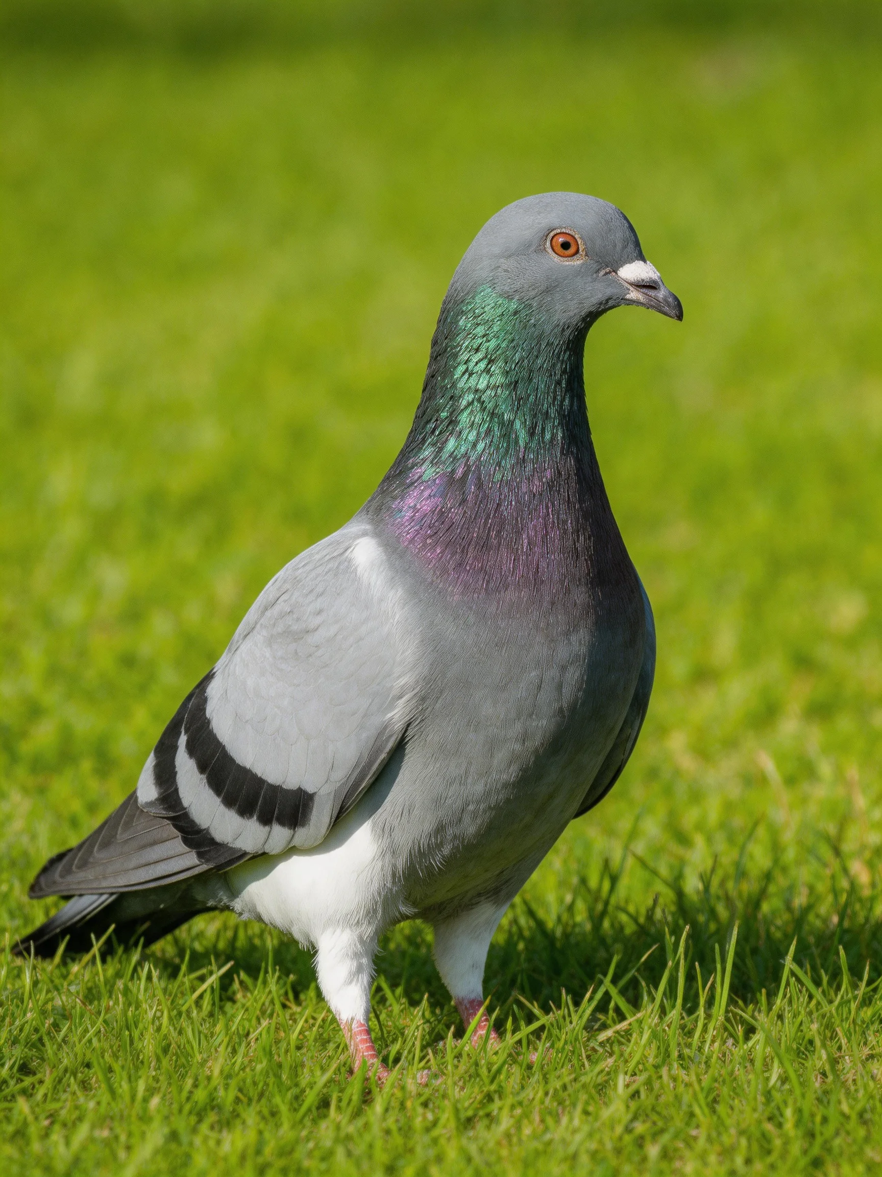 A gray pigeon with colorful plumage stands on green grass.