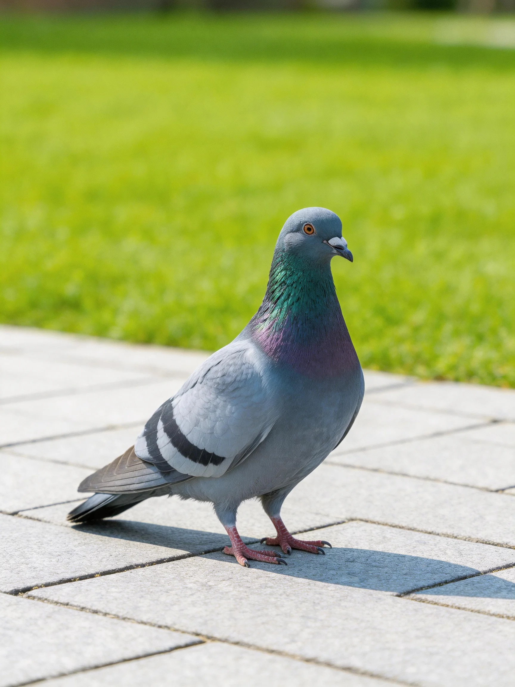 A gray pigeon with iridescent neck feathers stands on stone pavement