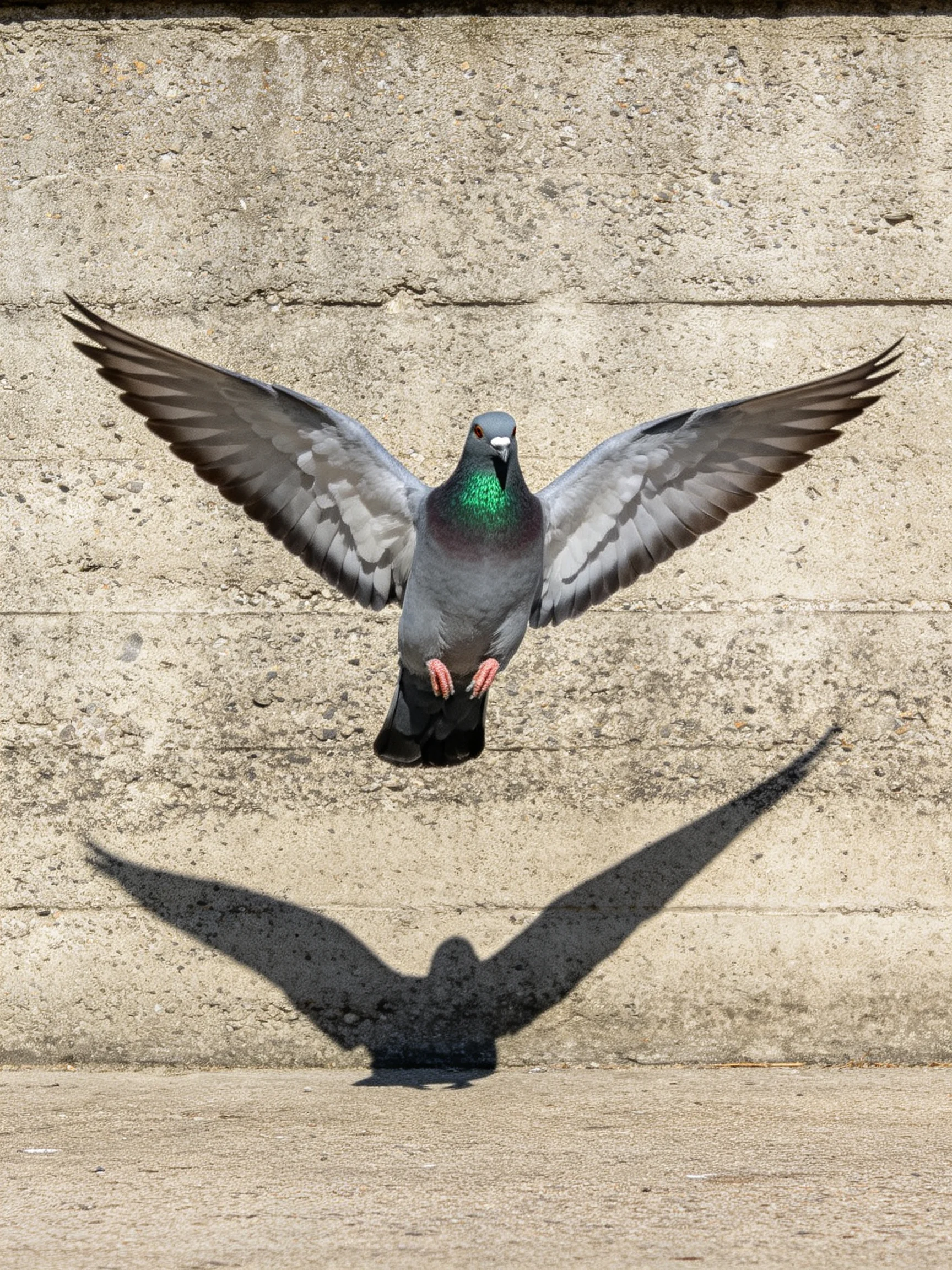 A gray pigeon flies close to a concrete wall with its shadow clearly visible.