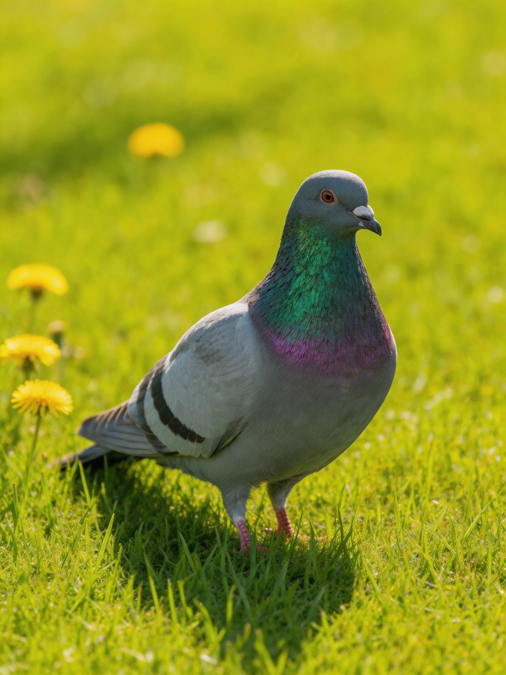 A gray pigeon with iridescent neck on bright green grass near yellow dandelions