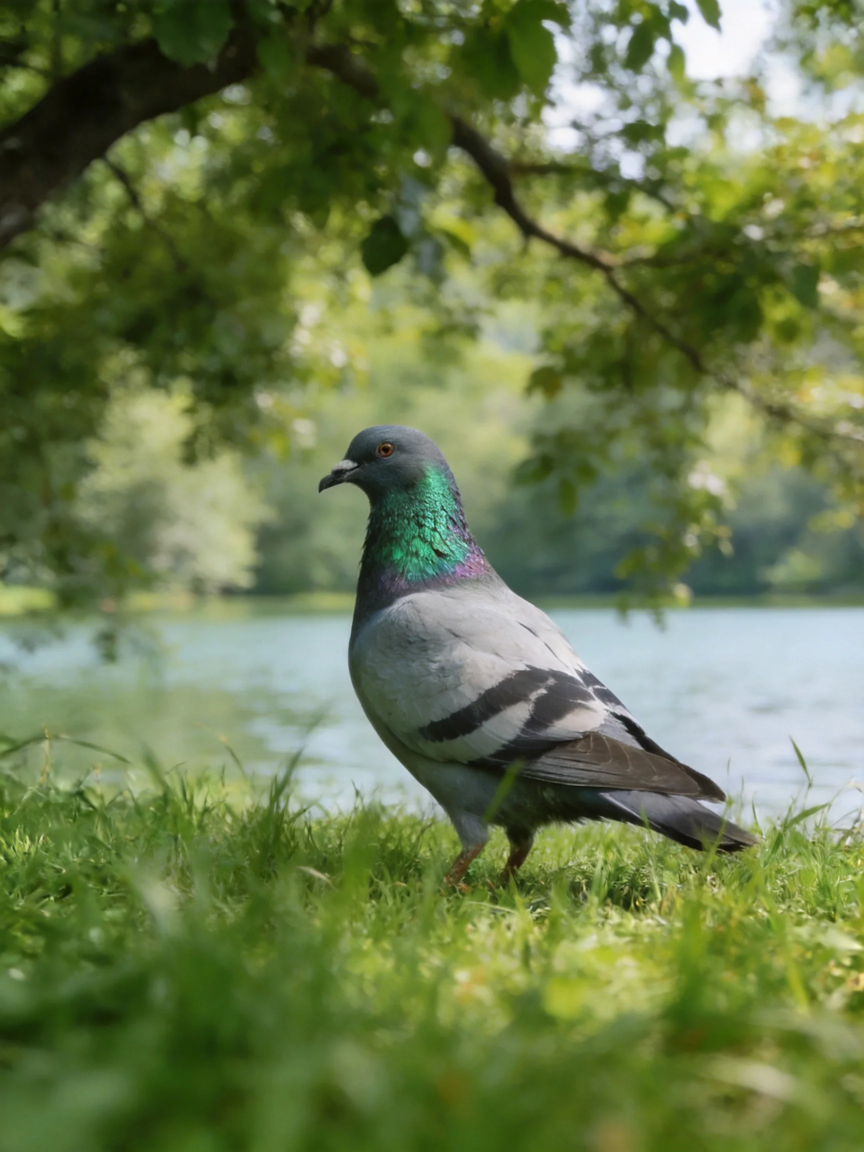 A gray pigeon with iridescent neck on green grass by blue water