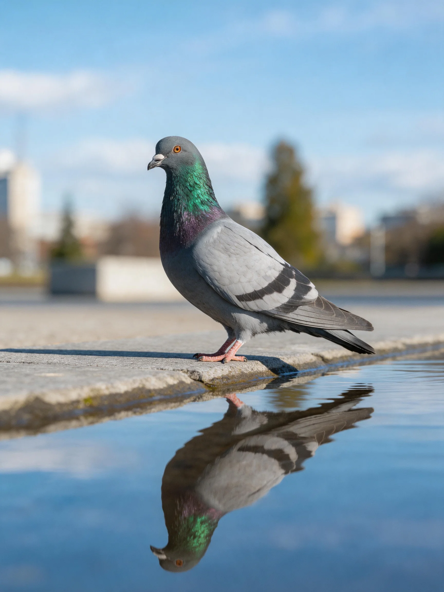 A gray pigeon with iridescent neck perched by reflective water