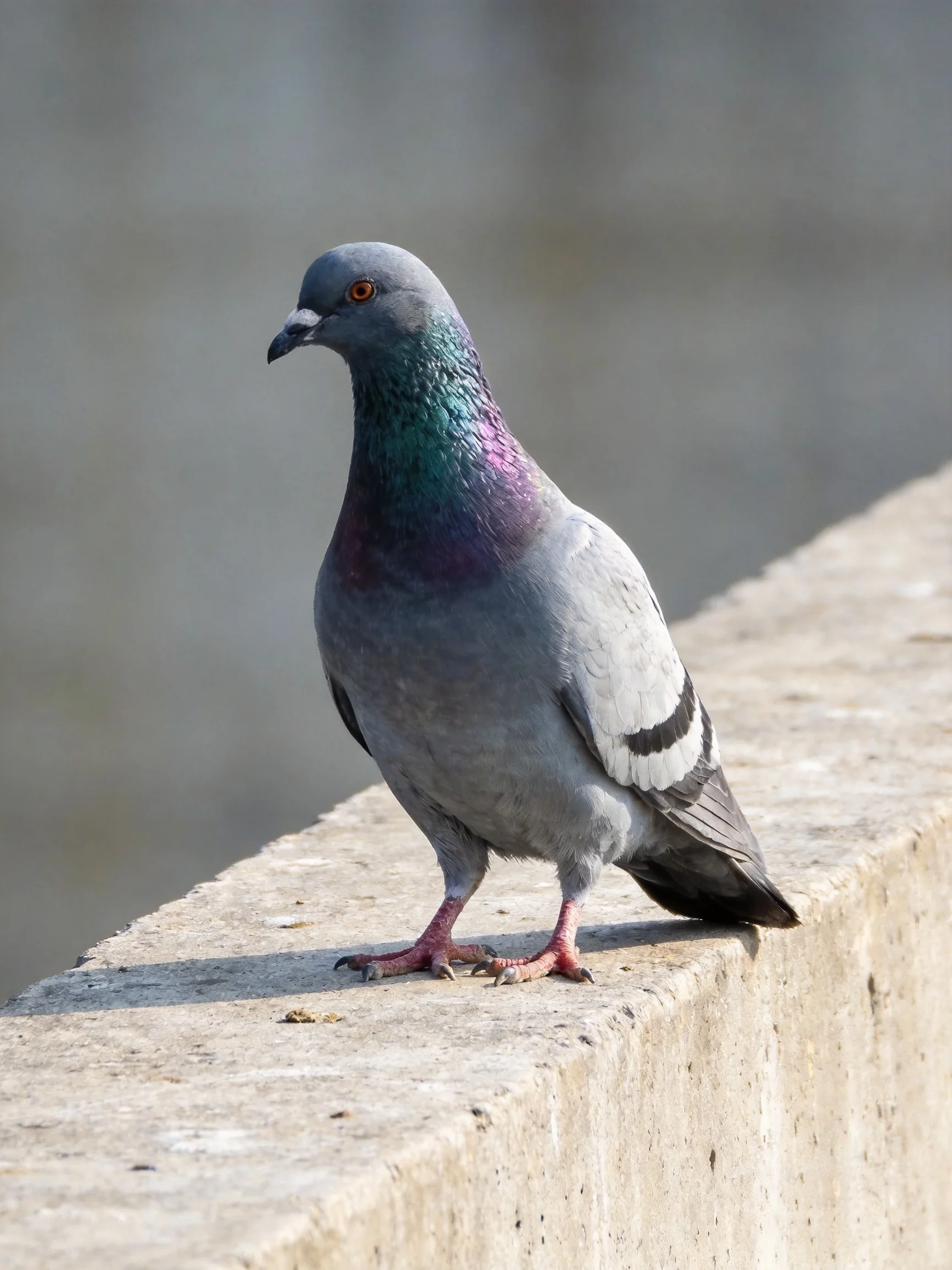 A gray pigeon with iridescent neck rests on a concrete ledge near water.