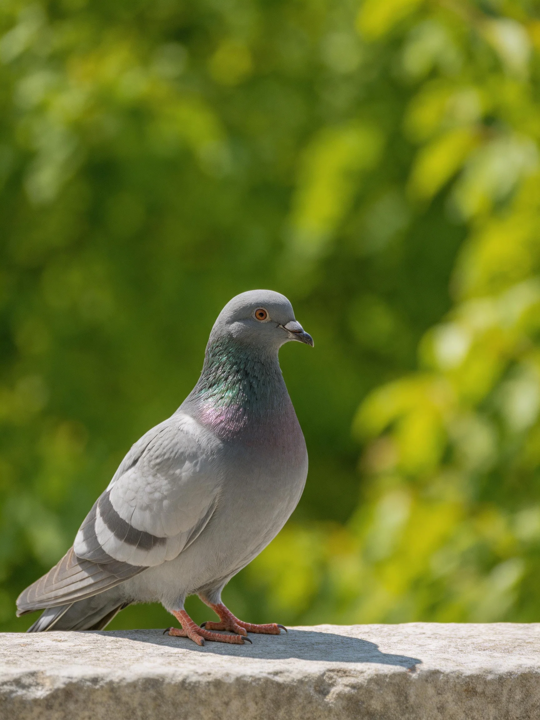 A gray pigeon with iridescent neck perched on a stone ledge amid green foliage