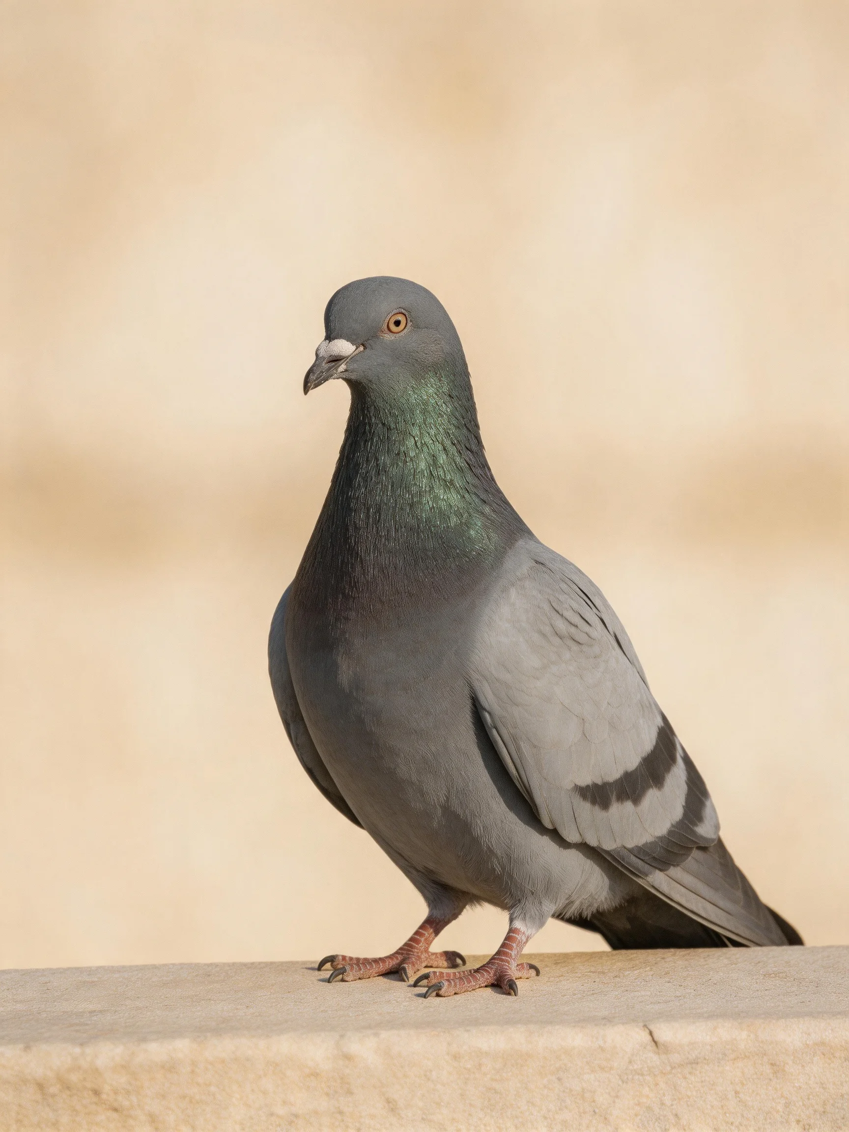 A gray pigeon with iridescent neck perched on a stone ledge