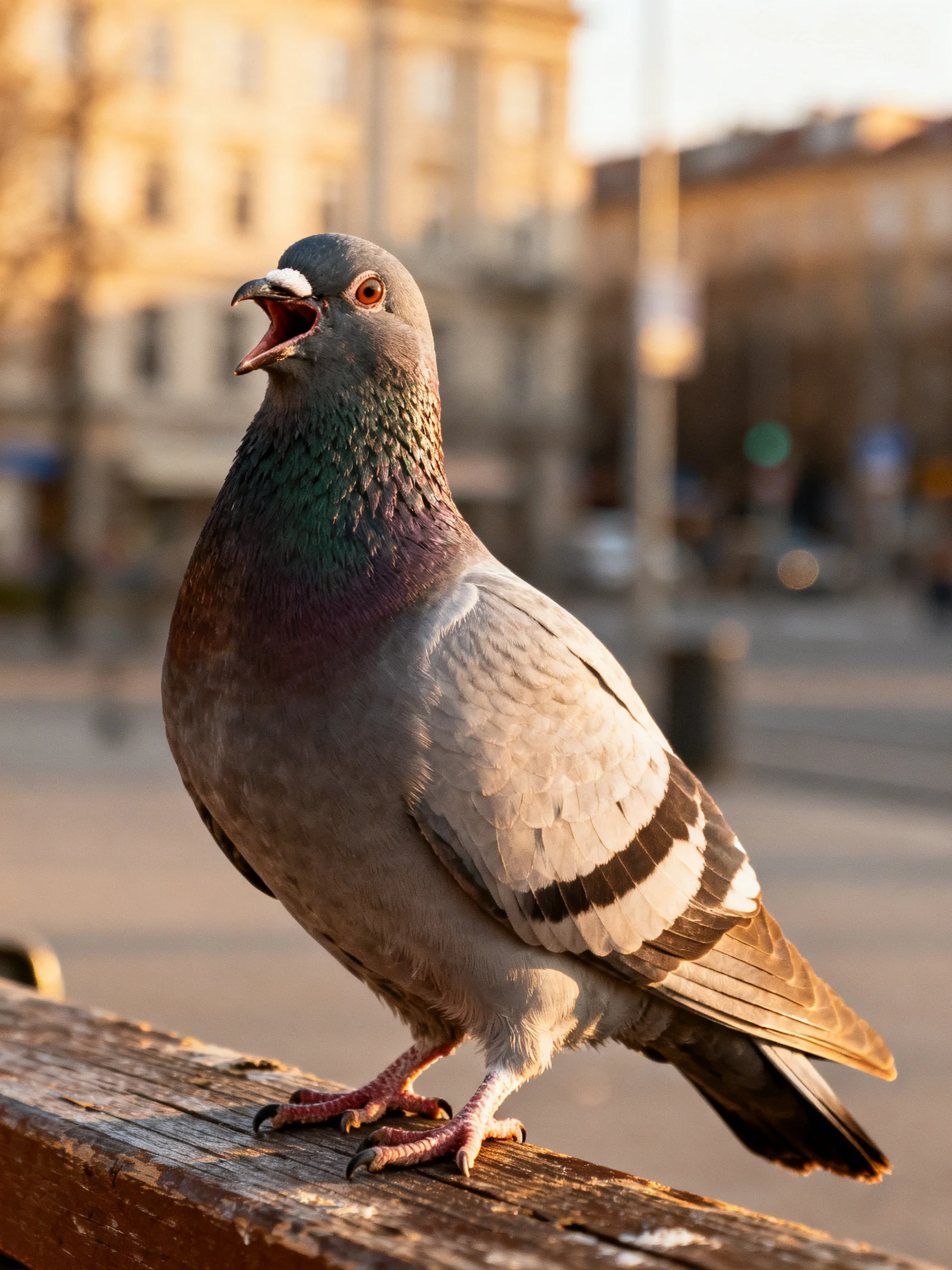 A gray pigeon with iridescent neck perched on a weathered wooden railing