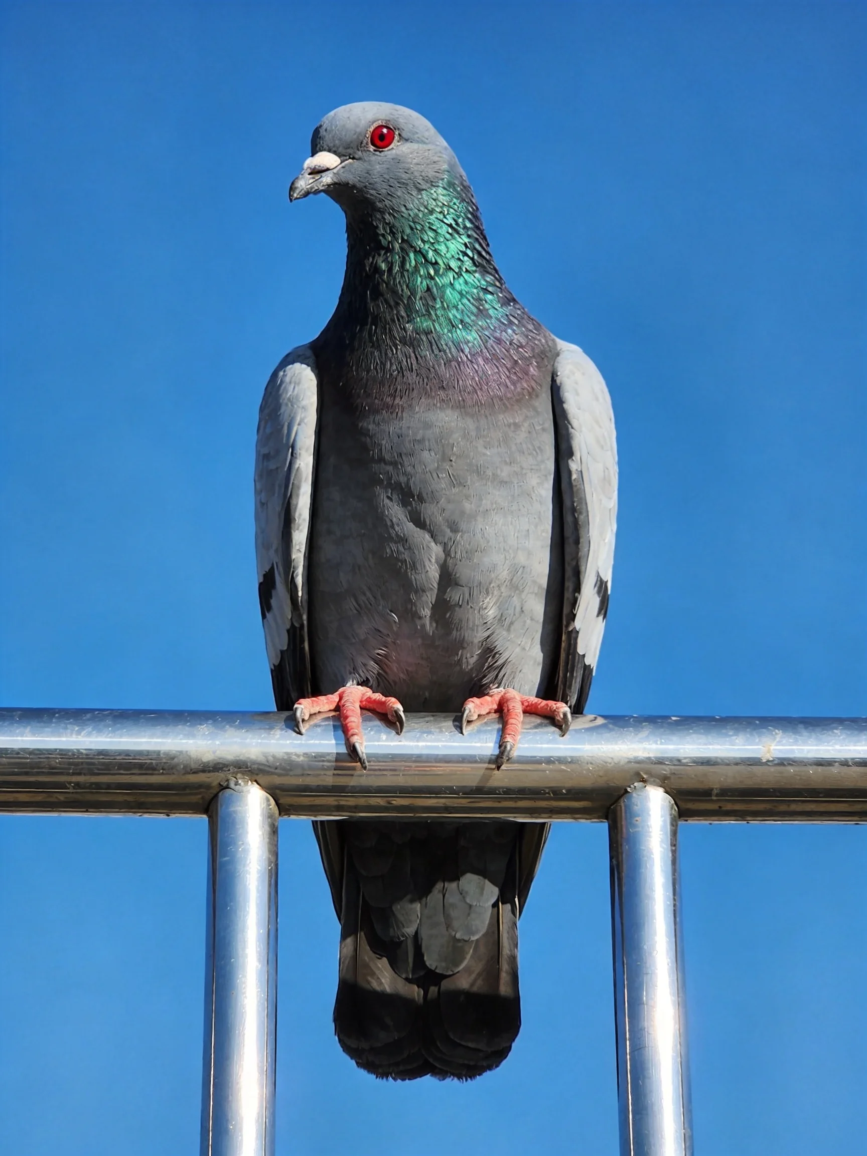 A gray pigeon sits on a metallic railing against a clear blue sky.