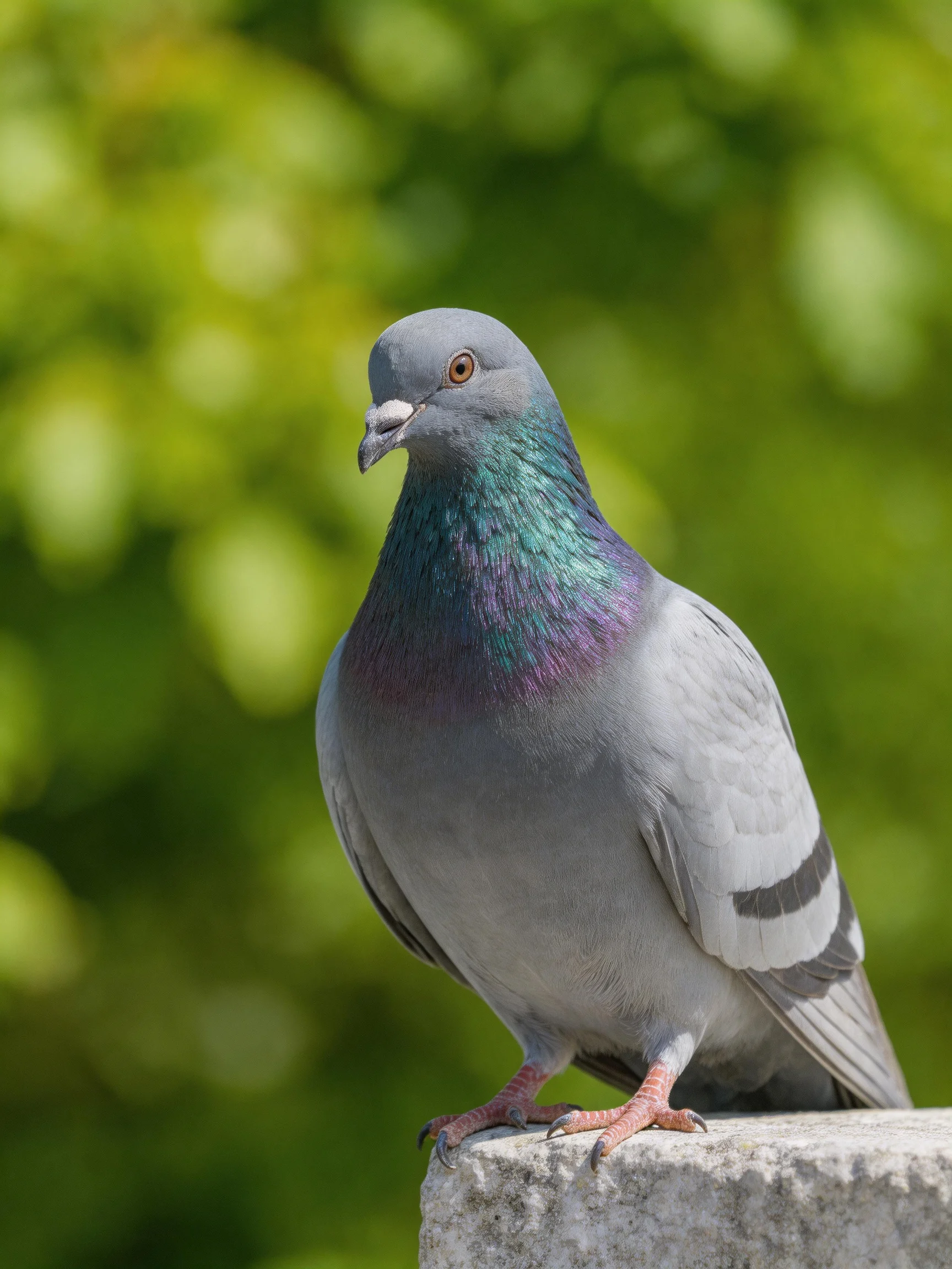 A gray pigeon with iridescent neck perched on stone near green foliage