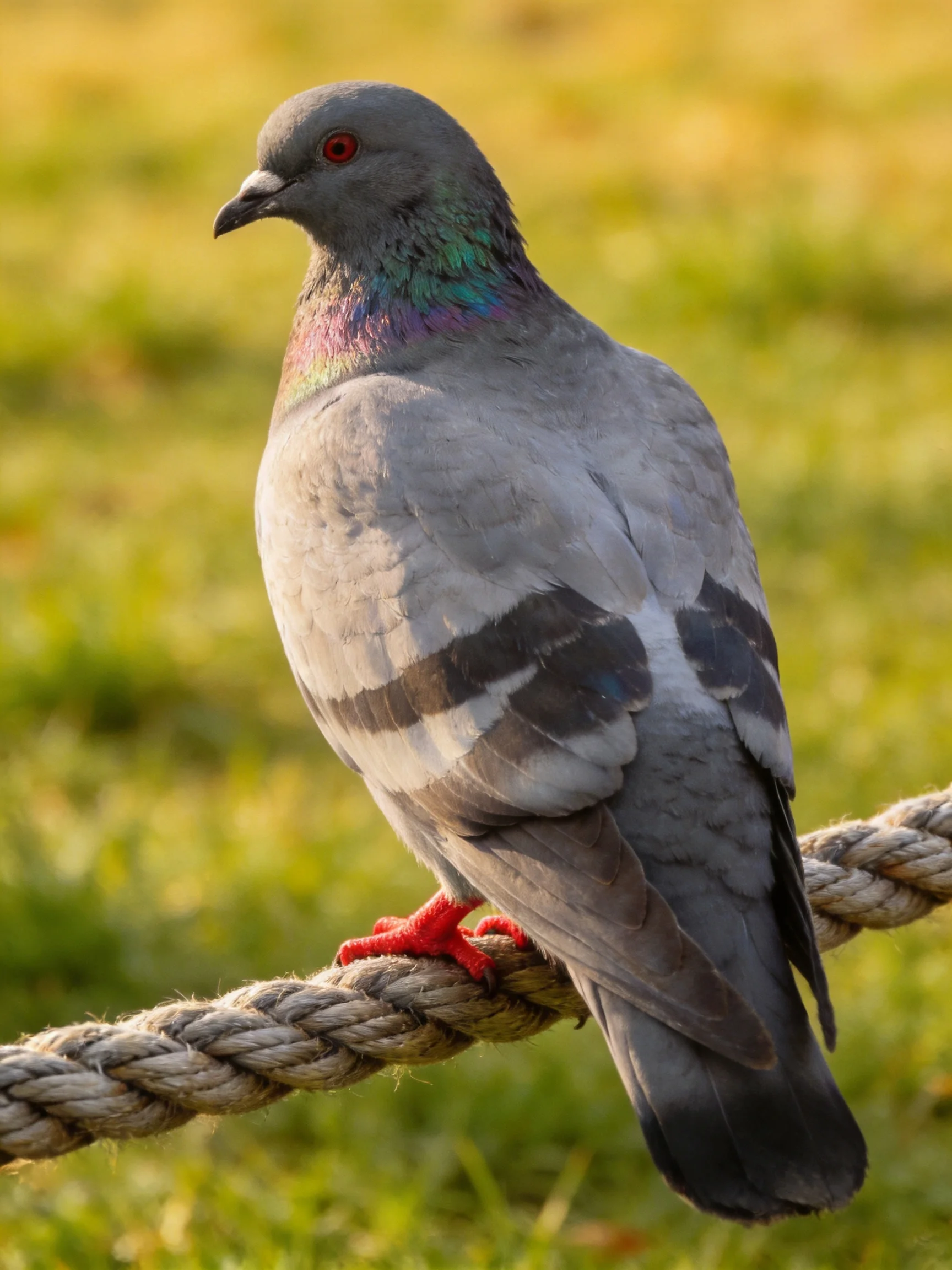 A gray pigeon with iridescent neck perched on thick rope
