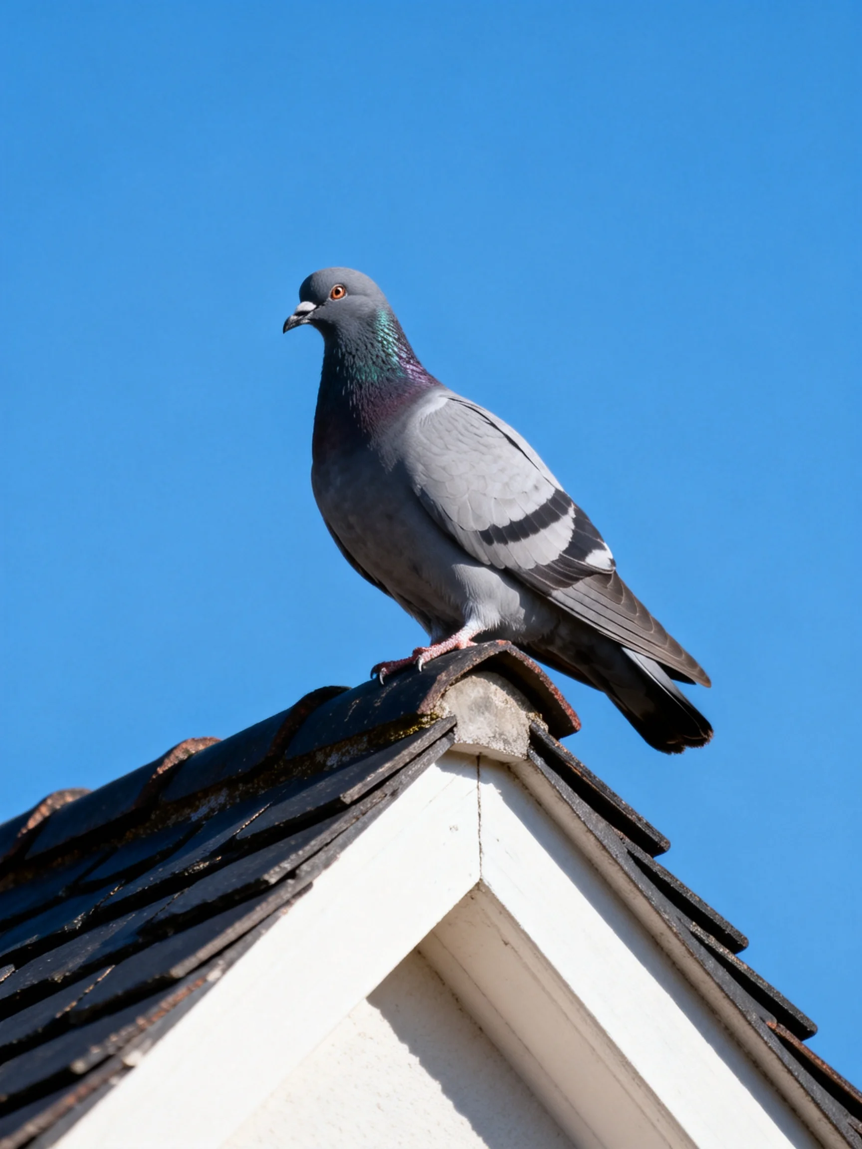 A gray pigeon with iridescent neck perches atop a white-roofed structure